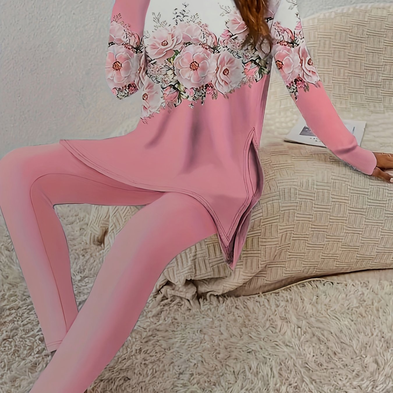 casual two piece set floral print crew neck long sleeve top slim pants outfits womens clothing