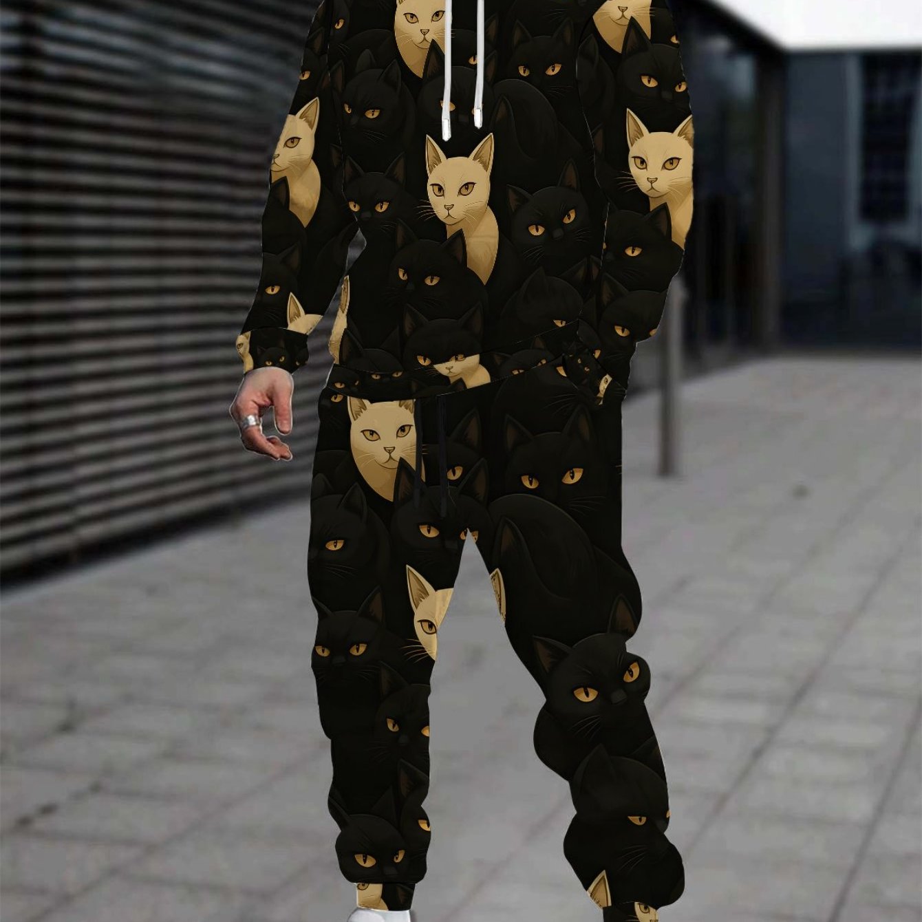 Image of 2pcs Men's Warm Winter Hooded Tracksuit - Cat-themed 3d Print Hoodie & Jogger Pants, Matching Sweatsuit Suit With Pockets, Durable Comfortable For Themed Events & Casual Attire
