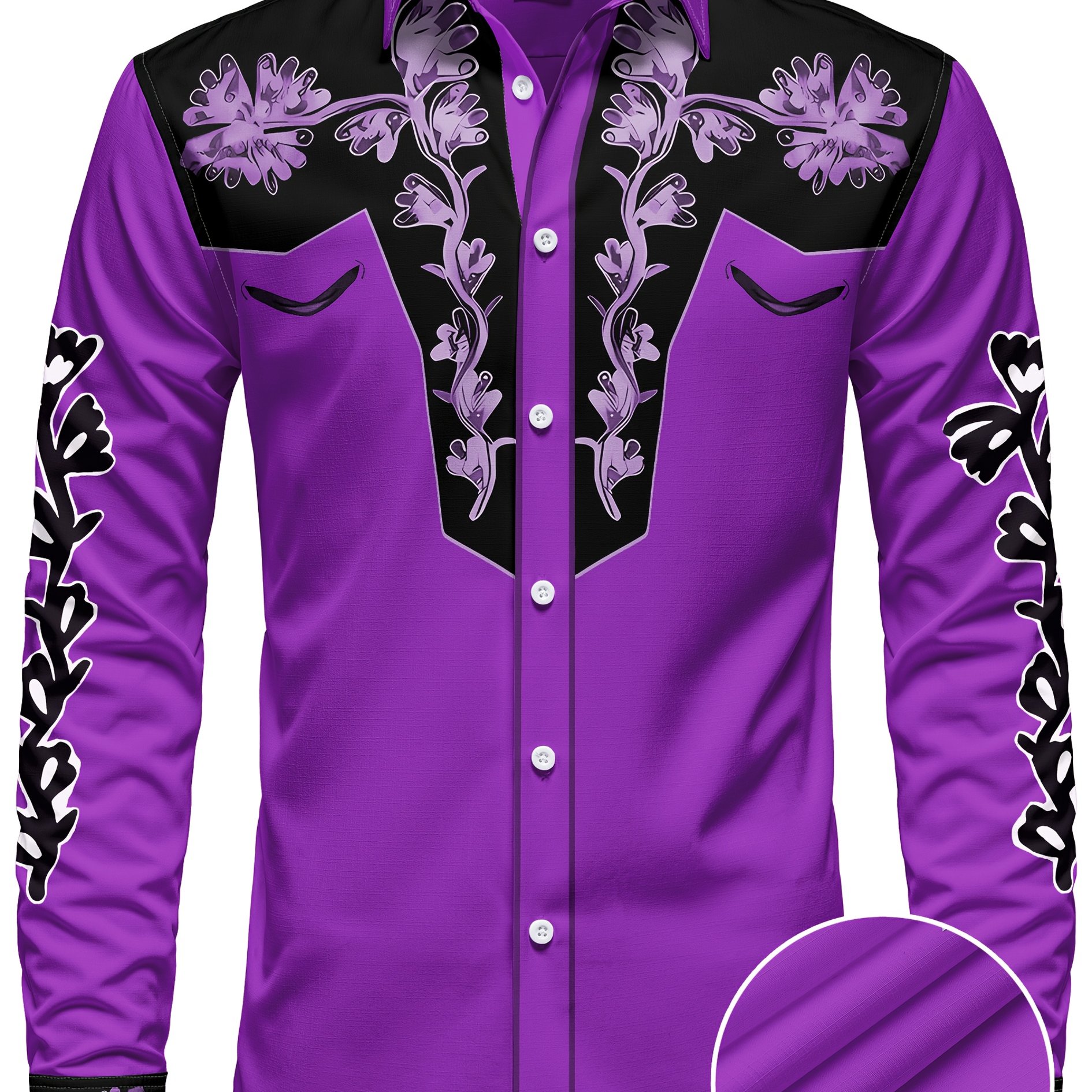 TEMU Christmas Men&;s Western Cowboy Floral Print Long Sleeve Shirt - 100% Polyester Button-up Collared Top With Black & , Machine Washable Regular