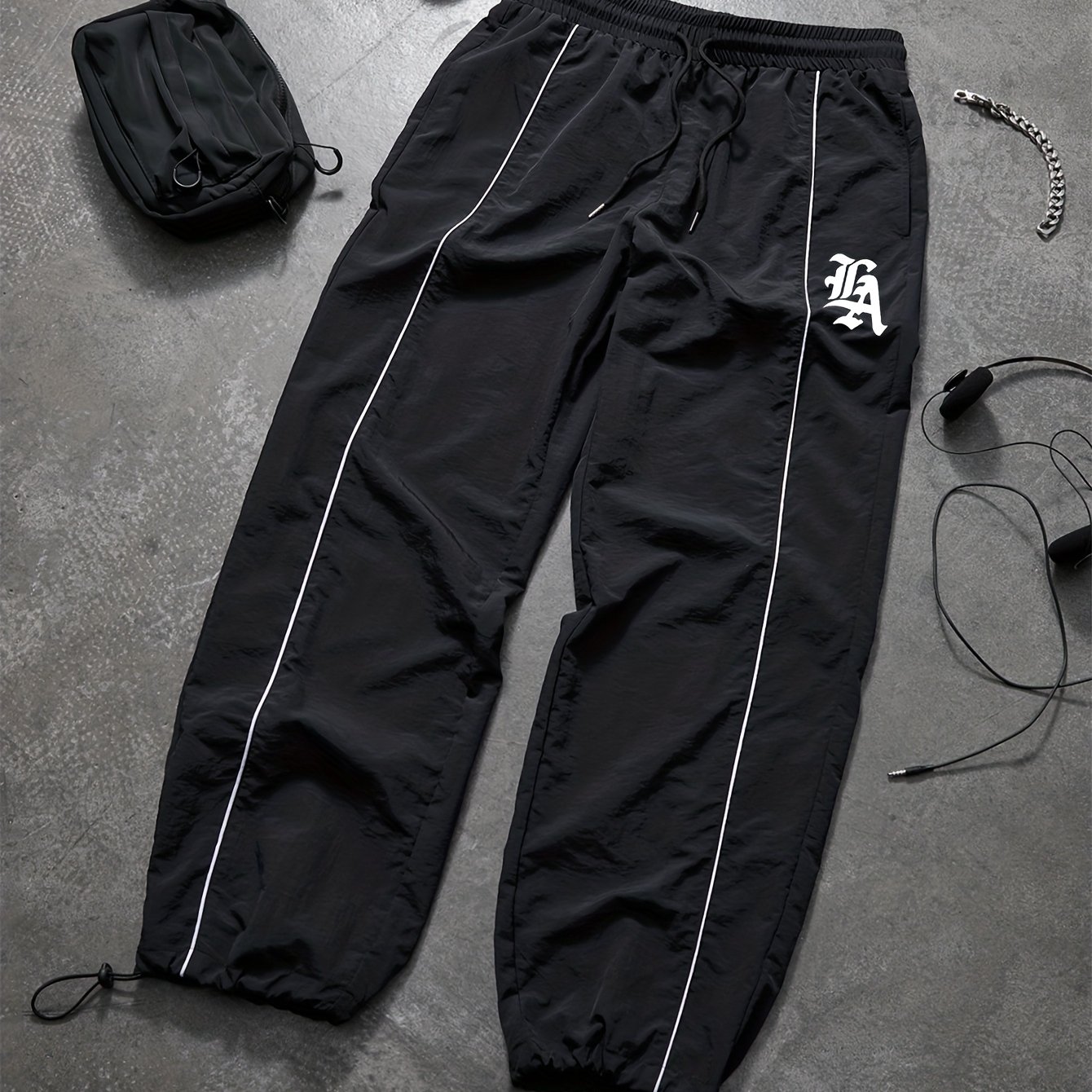 TEMU Men's Quick-dry Loose Fashion Sports Straight Leg Pants | With Pockets, Silicone Print Details