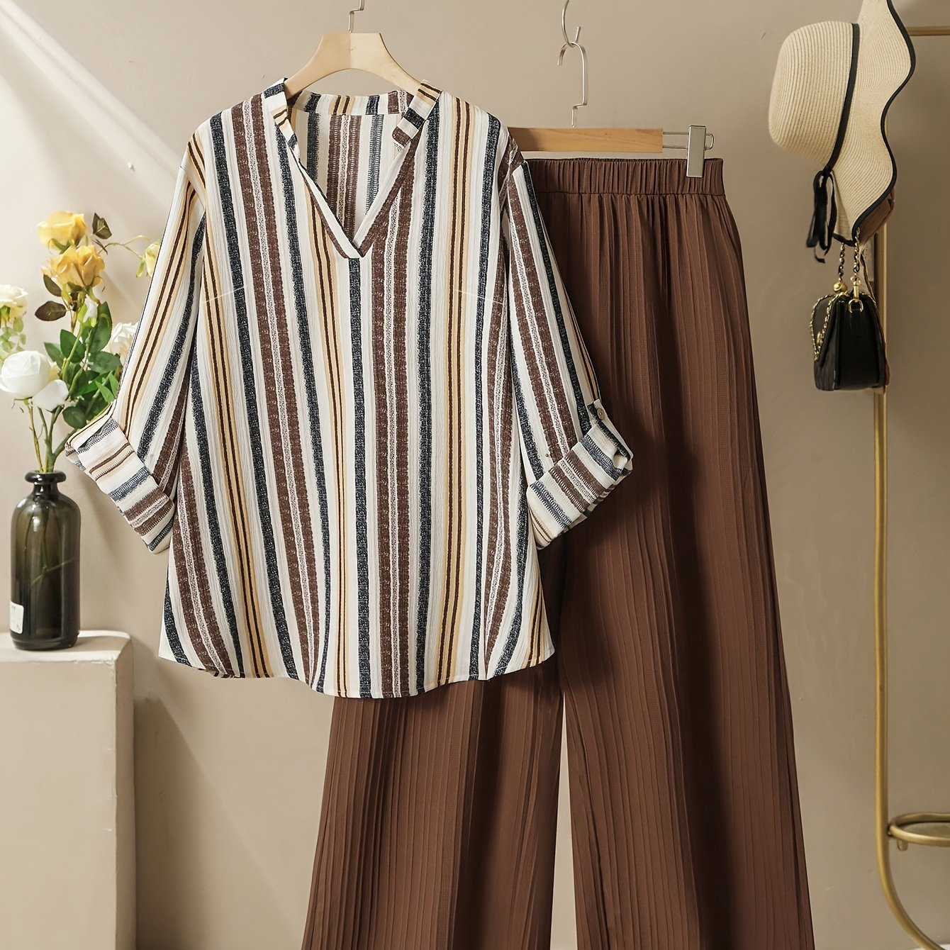 TEMU Plus Size - Plus Size - Plus Size Women's Outfit New Striped V-neck Long Sleeve Shirt And Long Pants 2pcs Set