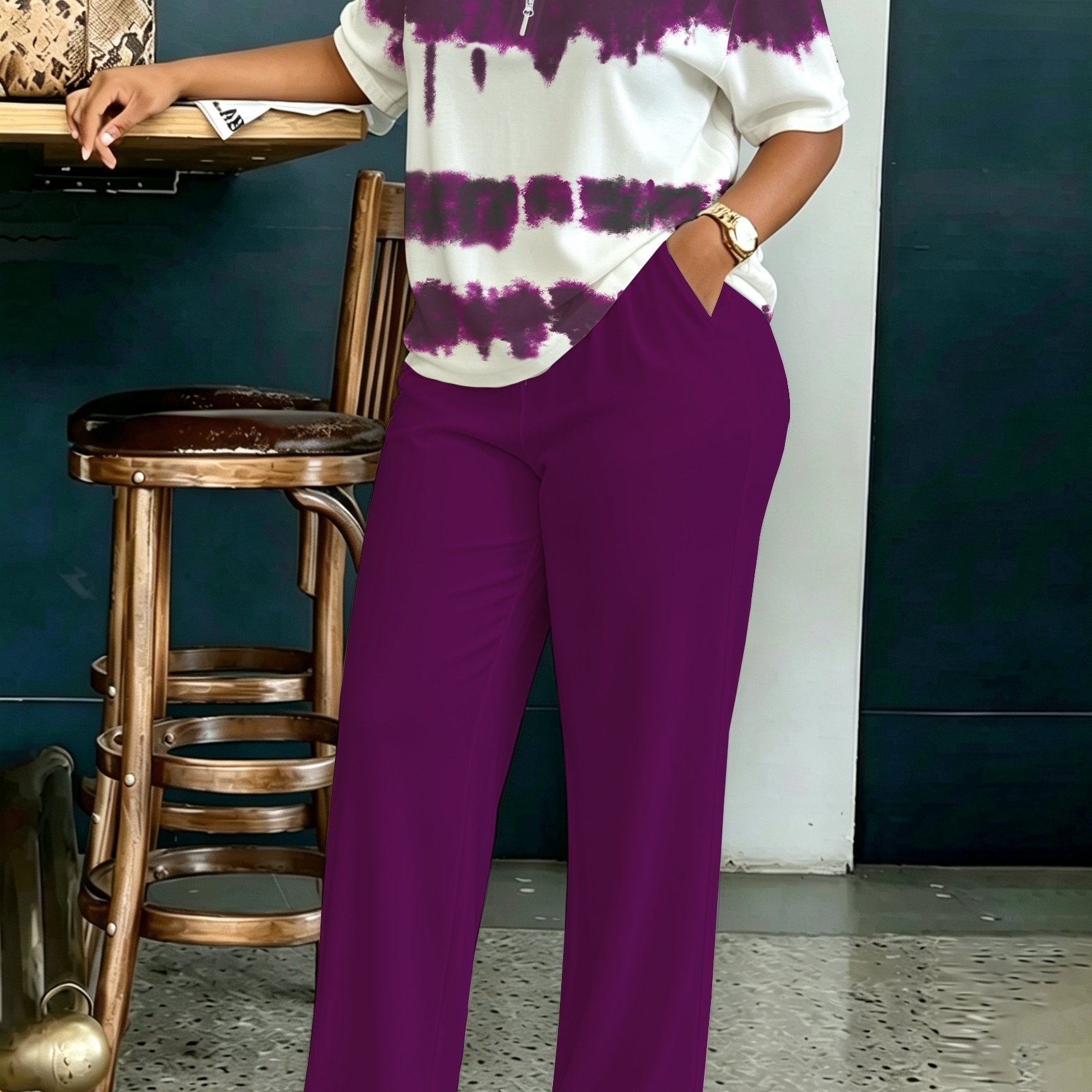 Plus Size, Plus Size Women's Tie-dye Ink Stripe Print Half-zip Lapel Short-sleeve Sweatshirt + Solid Color Loose Long Pants With Pockets, Commuting Casual S Elegant Fashion 2pcs Set