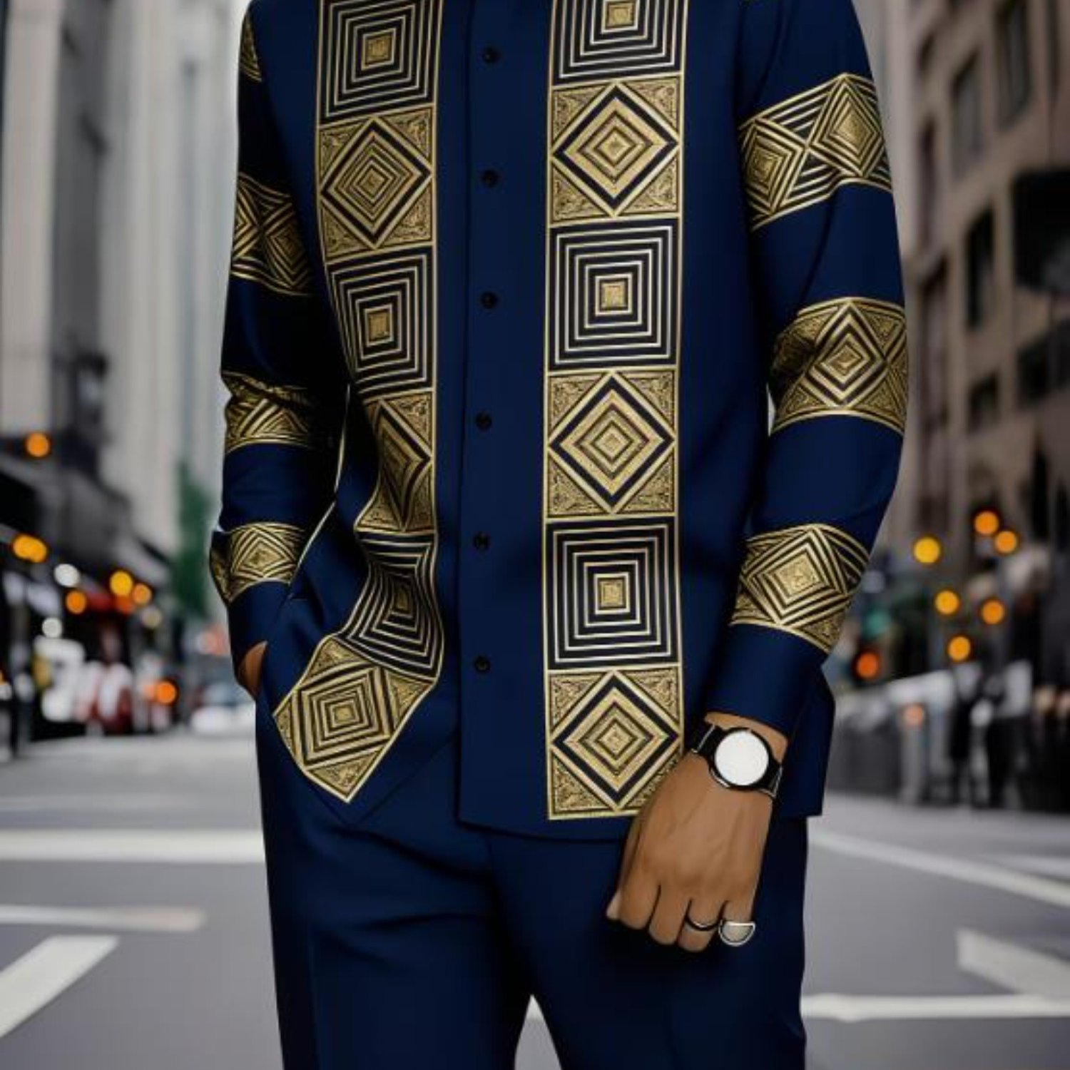 Image of Luxury Afro Modern Urban Fashion Geometric Architectural Layout Pattern Men's Casual Outfit Long Sleeve Shirt And Pants 2pcs Set Trendy Weekend Wear Birthday Gift For Husband Holiday Gift For Men
