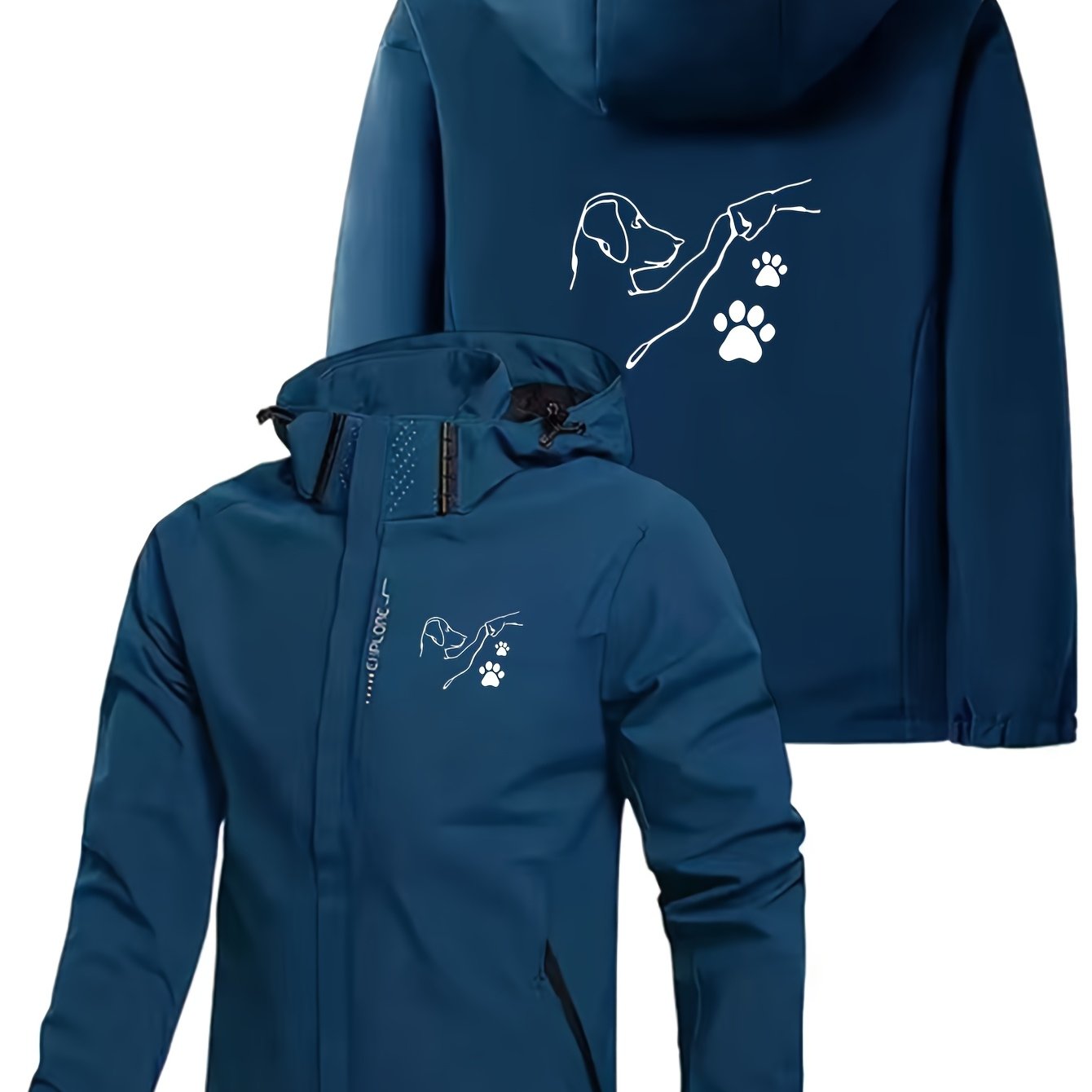 Men's & Women's Windproof Hooded Jacket With Dog Paw Print & - Full-zip Windbreaker Coat, Loose-fit For Skiing, Hiking, Camping - Durable Windproof Fabric With Functional Pockets (white/black) - Ideal