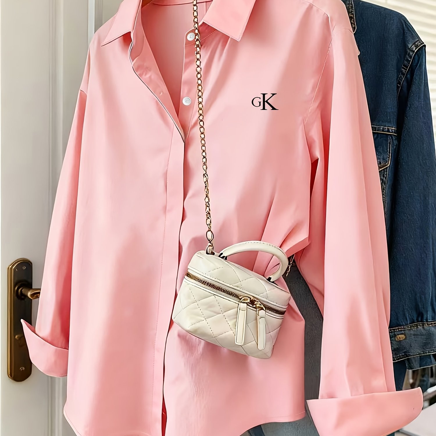 TEMU Versatile Semi-fitted Long-sleeve Shirt! Niche Logo Print, Draping With A Slim-fit Cut, Perfect For Work, , And Parties