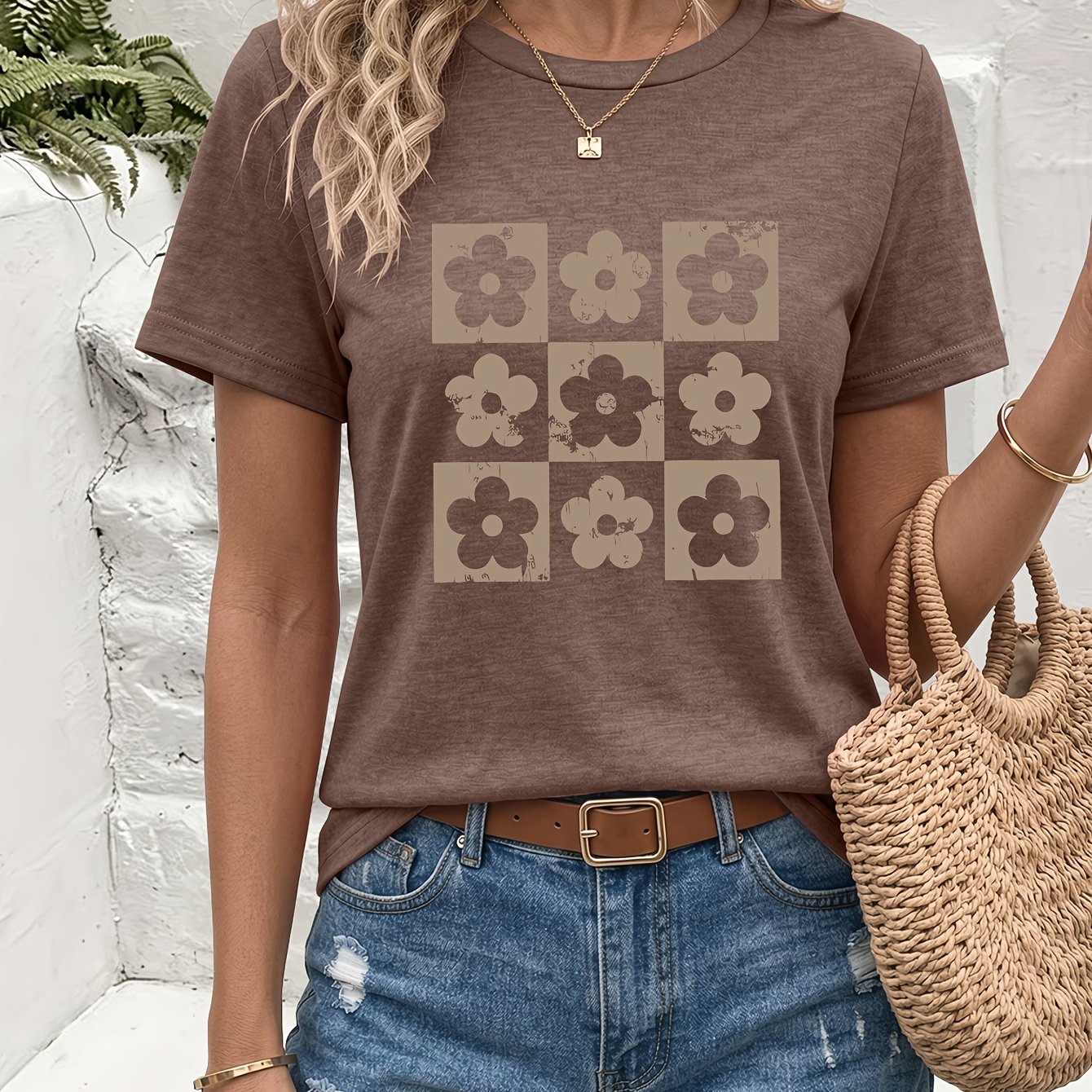 TEMU Vintage Checkerboard Floral Print Round Neck Colored T-shirt, Soft And Comfortable, Summer Fashion Round Neck Tee, Casual Swear, Everyday