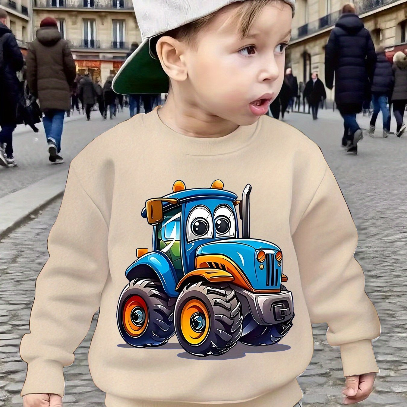 Image of Children's Cartoon Car Graphic Crew Neck Pullover Sweatshirt, Autumn/winter Daily Long Sleeve Apparel For Boys, Holiday Casual Crew Neck Sweatshirt