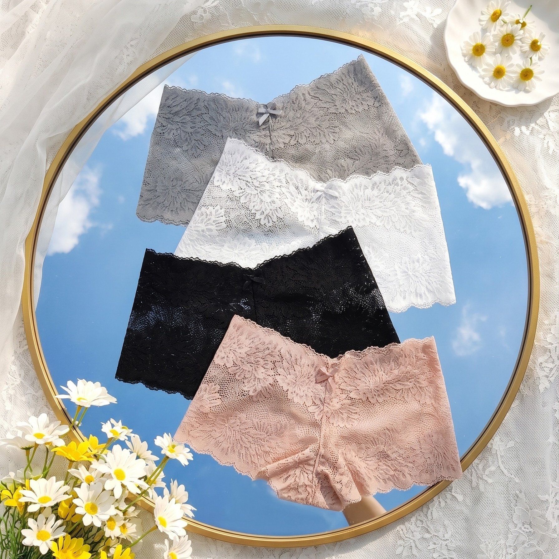 Image of 4pcs Lace Jacquard Boyshort Panties, Semi-sheer Elastic Intimates Panties, Women's Lingerie & Underwear