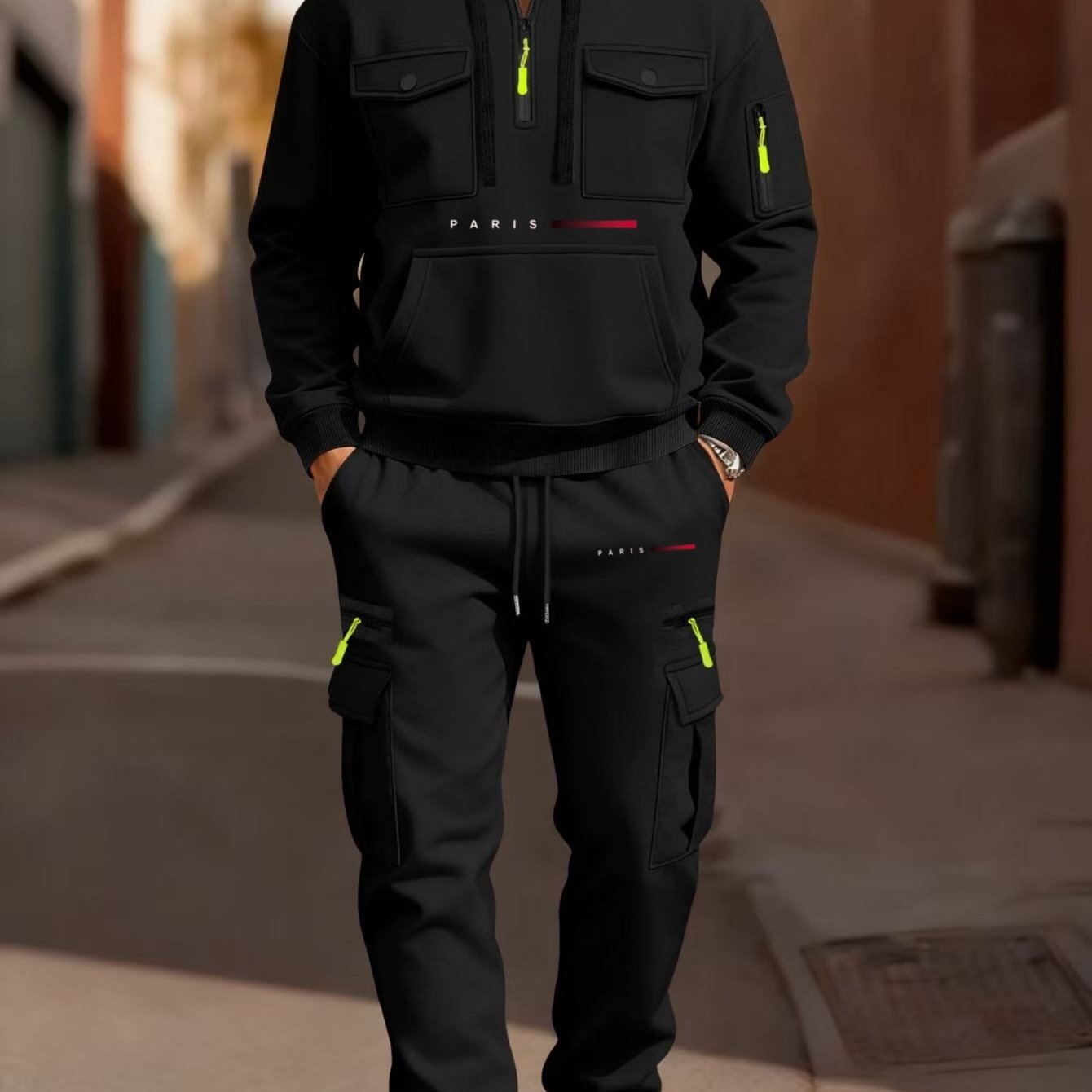Image of Men's Casual Printed Drawstring Pocket Colorful Half-zip Hoodie With Sleeves And Zippered Pocket, Drawstring Outdoor Casual Sports Long Pants Set, -lined Warm 2pcs Set