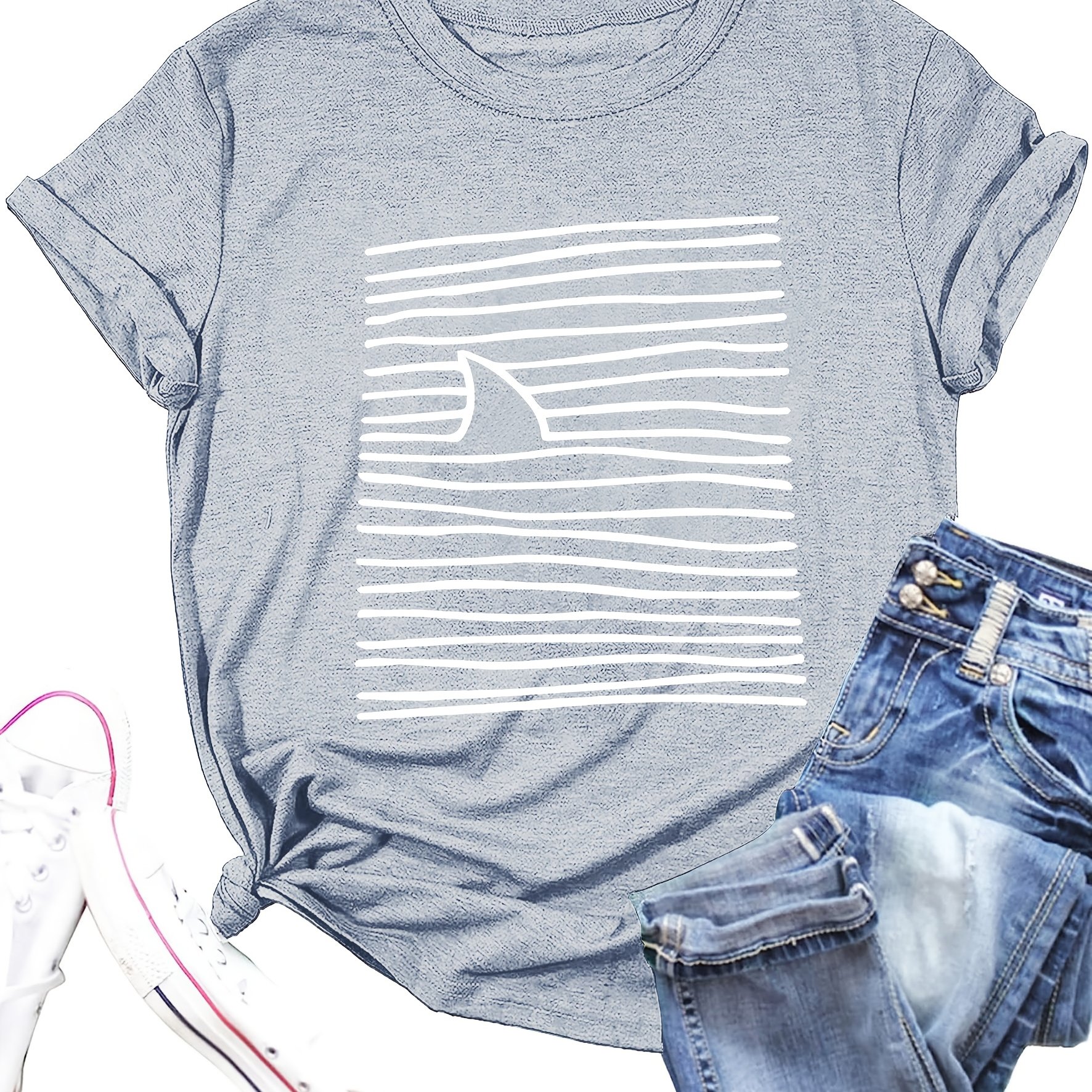 TEMU Vestido para mujer con estampado de tiburón y oceánicos, versión , camiseta de cuello