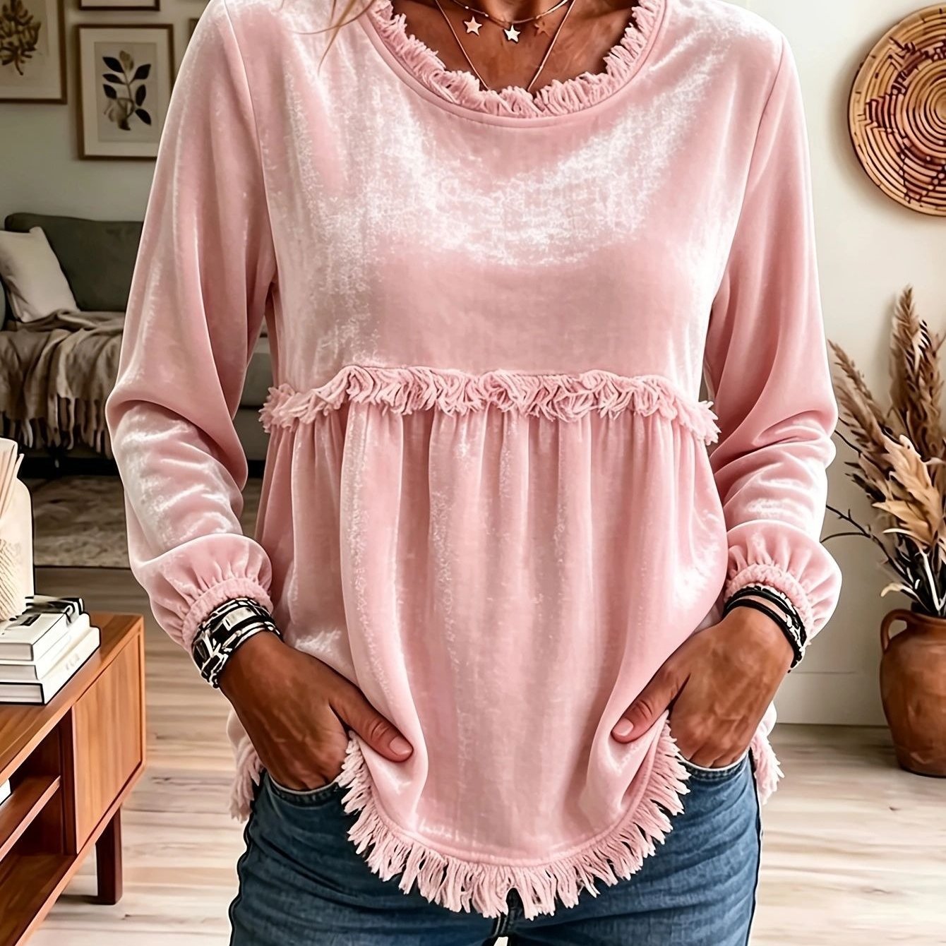 Image of 2026 New Women Ruffle Splicing Loose Fashion Casual Top (please Refer To Size Chart)