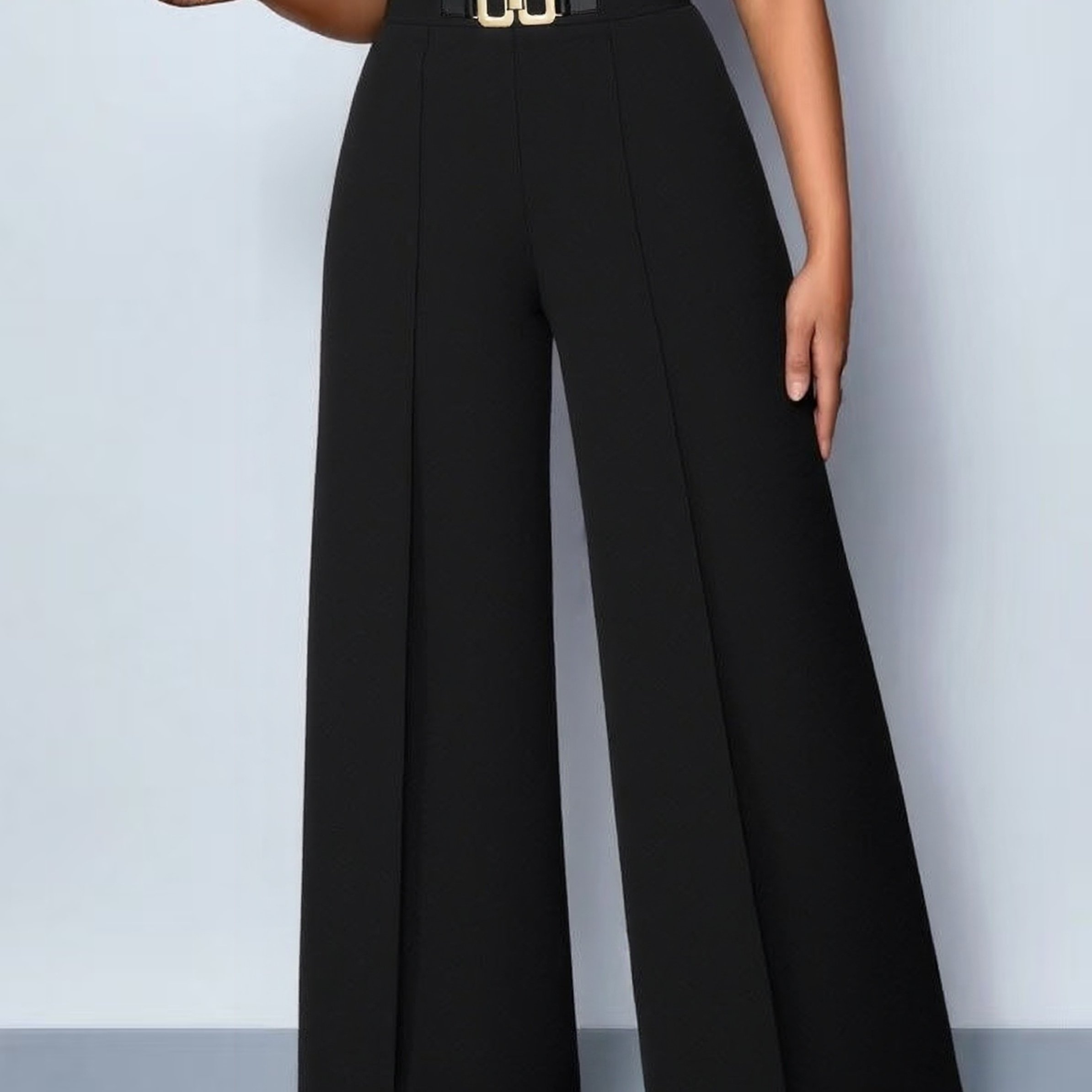 TEMU Plus Size, Plus-size Women's High-waisted Wide-leg Pants With Metal Buckles