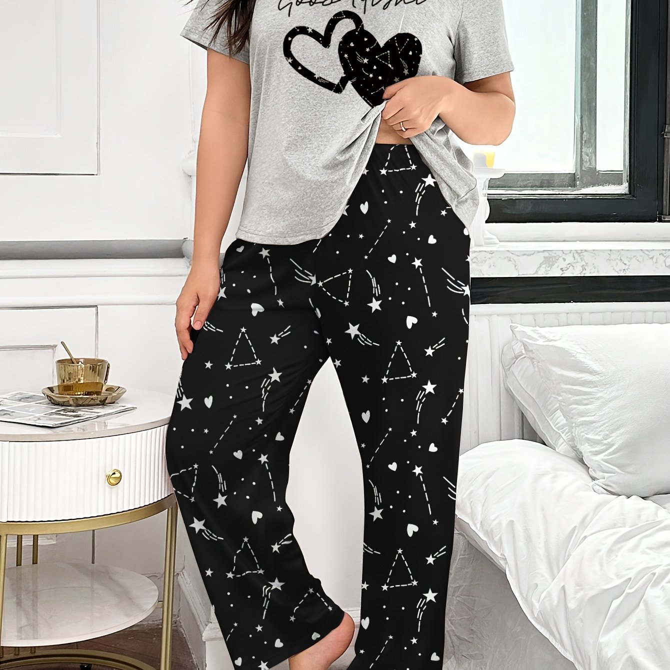 Cute Printed Round Neck Plus Size Pajamas Women's Thin Short Sleeve Long Pants Loose Size Mm 200lbs