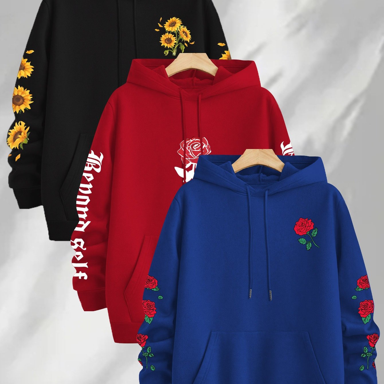 TEMU Floral Print Stylish Men's Casual Long-sleeve Hoodie, Suitable For Outdoor Activities, Autumn And Winter Wear.