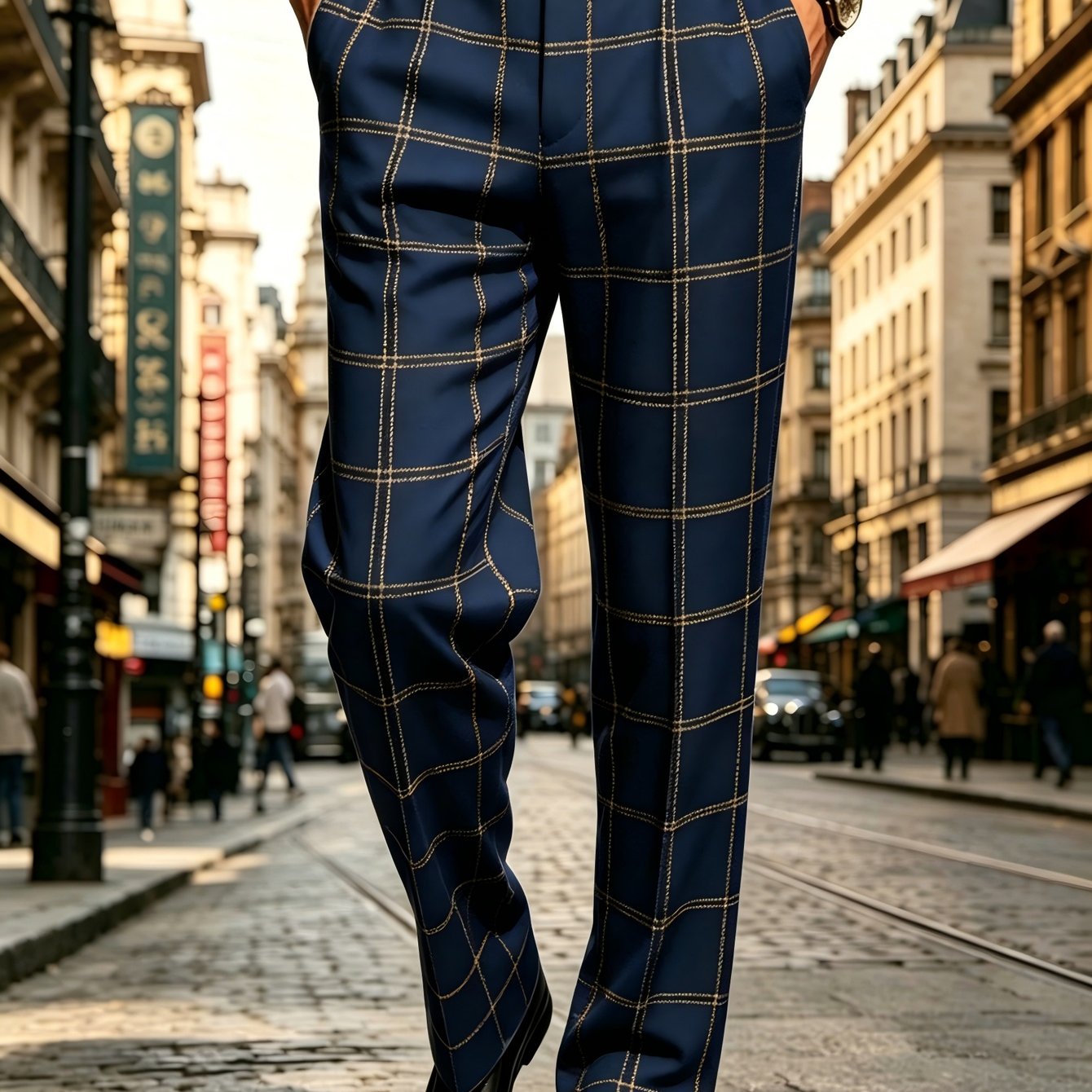 TEMU Pantalon Homme Bleu Marine à Carreaux Imprimé Numériquement en Polyester à Jambe Droite, Pantalon de Décontracté Professionnel Toutes pour un