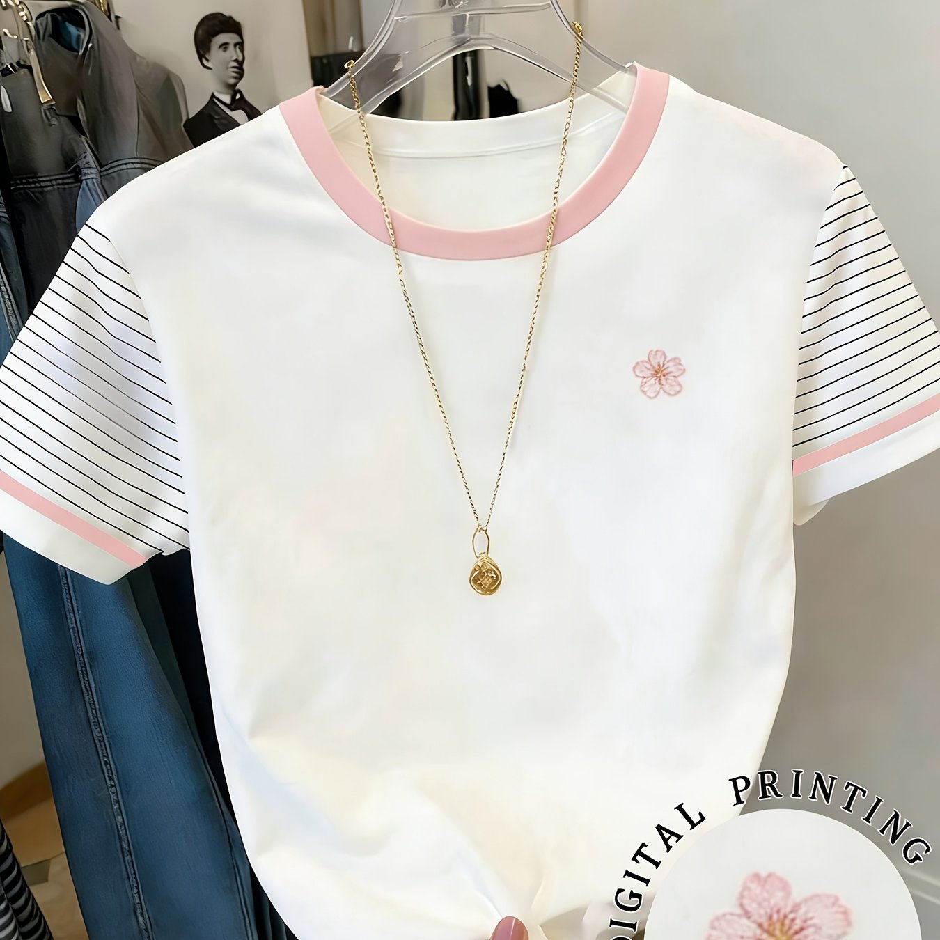 E-shop Damen T-Shirt in Rosa mit kurzen Ärmeln – für Freizeitkleidung – weiches, hautfreundliches, blusentaugliches Oberteil mit dezenten Streifen &