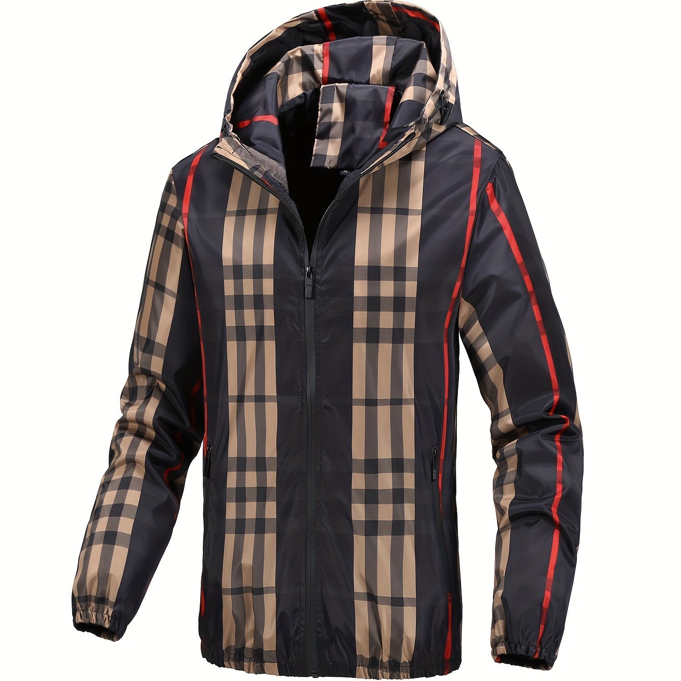 Fashion men's plaid 2024 windproof hooded jacket