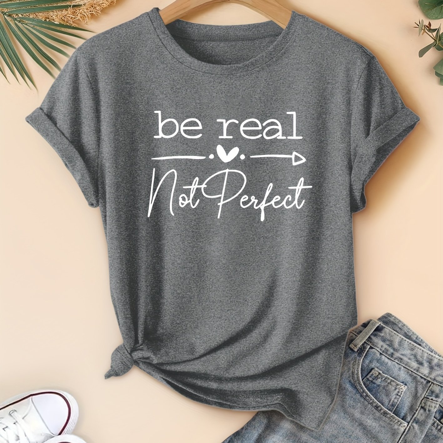 TEMU Single-piece Minimalist Instagram-style Short-sleeve T-shirt For Women, Featuring " " Handwritten Print. Made Of Medium-stretch Breathable