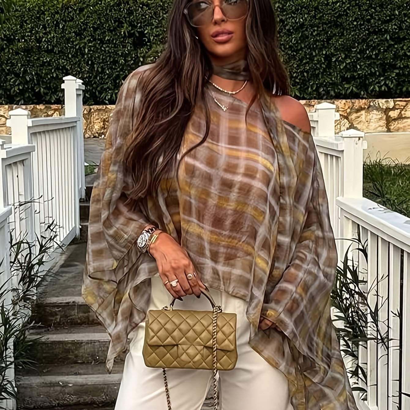 TEMU Women's Round Neck Batwing Plaid Scarf Shawl, Street Style Vacation Casual Seaside Beach Top