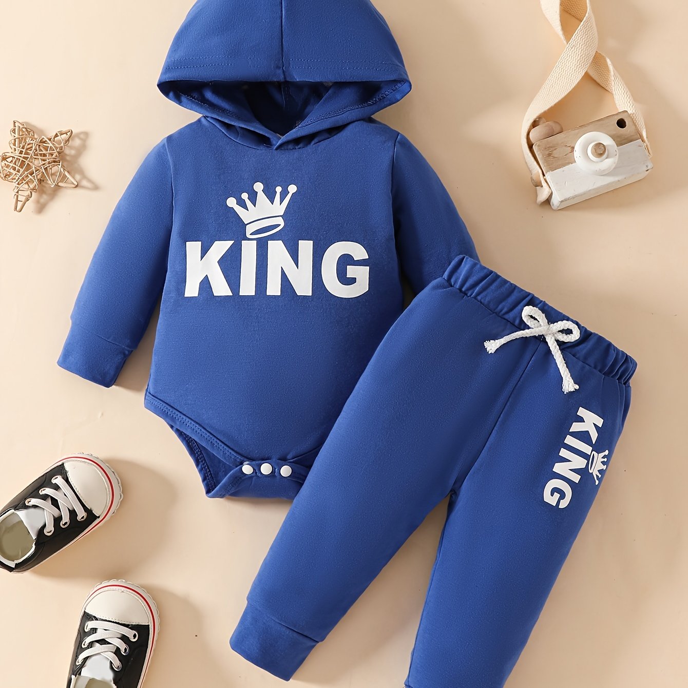Long-sleeve And Long-pants Crown Print Hooded Romper Set, Perfect For Outdoor