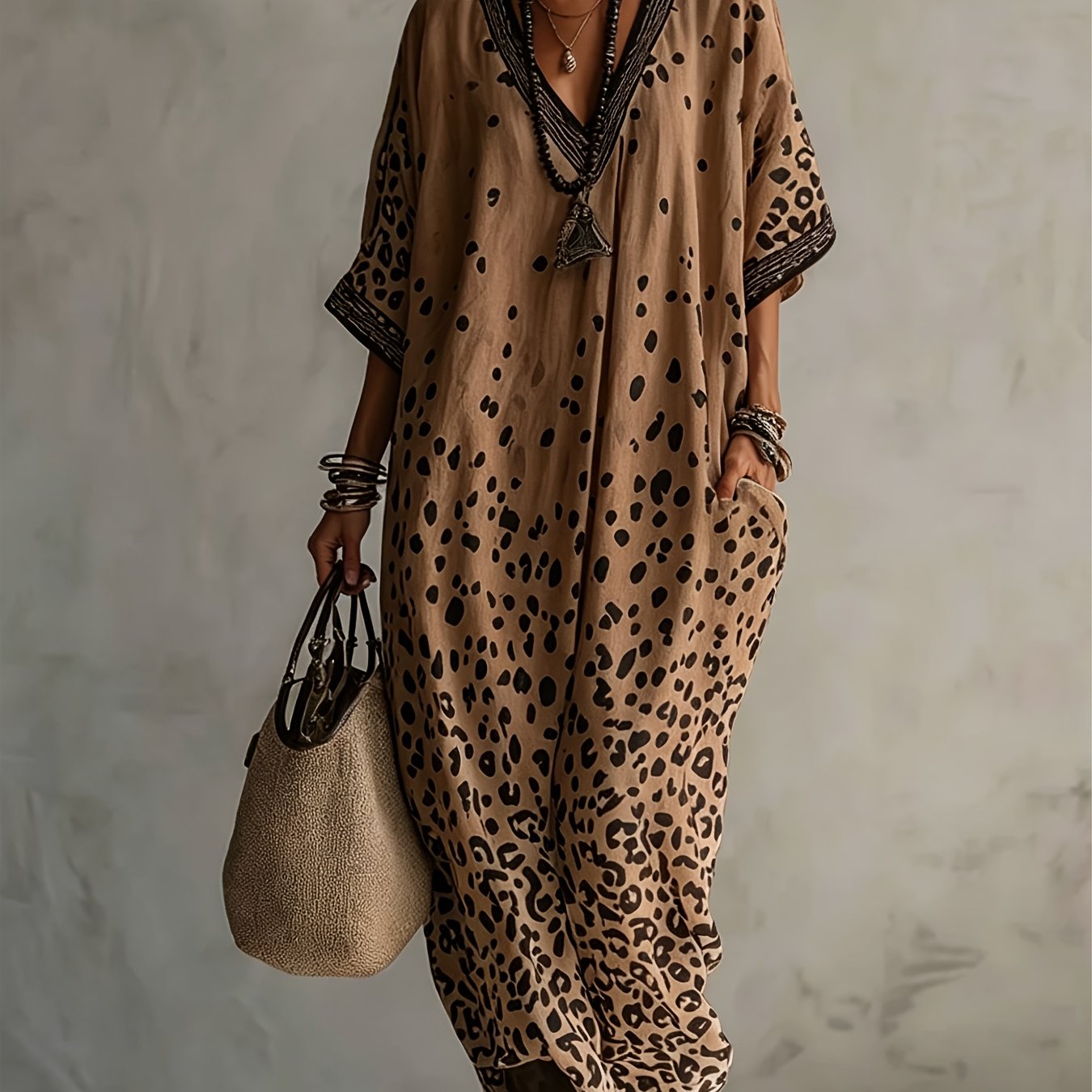 TEMU Plus Size Women's Long Dress Leopard Vintage Printed Women's Polka Dot Short Sleeve 3/4 Sleeve V-neck Outerwear For Parties Fashionable Elegant