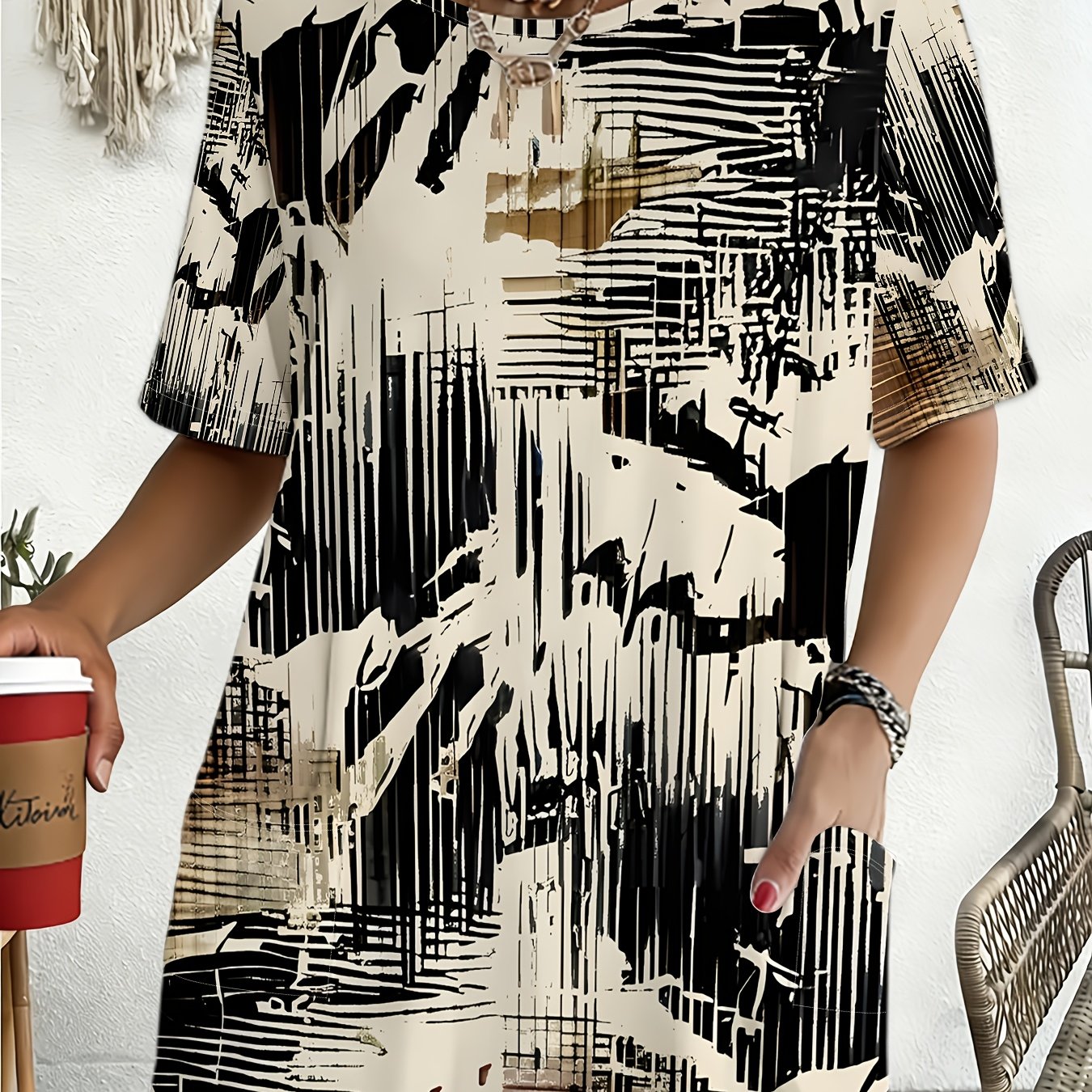 TEMU Plus Size Women's Oversized T-shirt With Black & White Abstract Line Art - Distressed Short Sleeve Round Neck Blouse-compatible Top | Machine