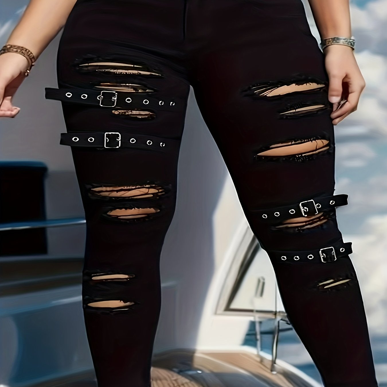 Image of Style Women's Denim Clothing Slit Button Detail Skinny Jeans Spring/autumn High-stretch Statement Denim Trousers ( Stretch)