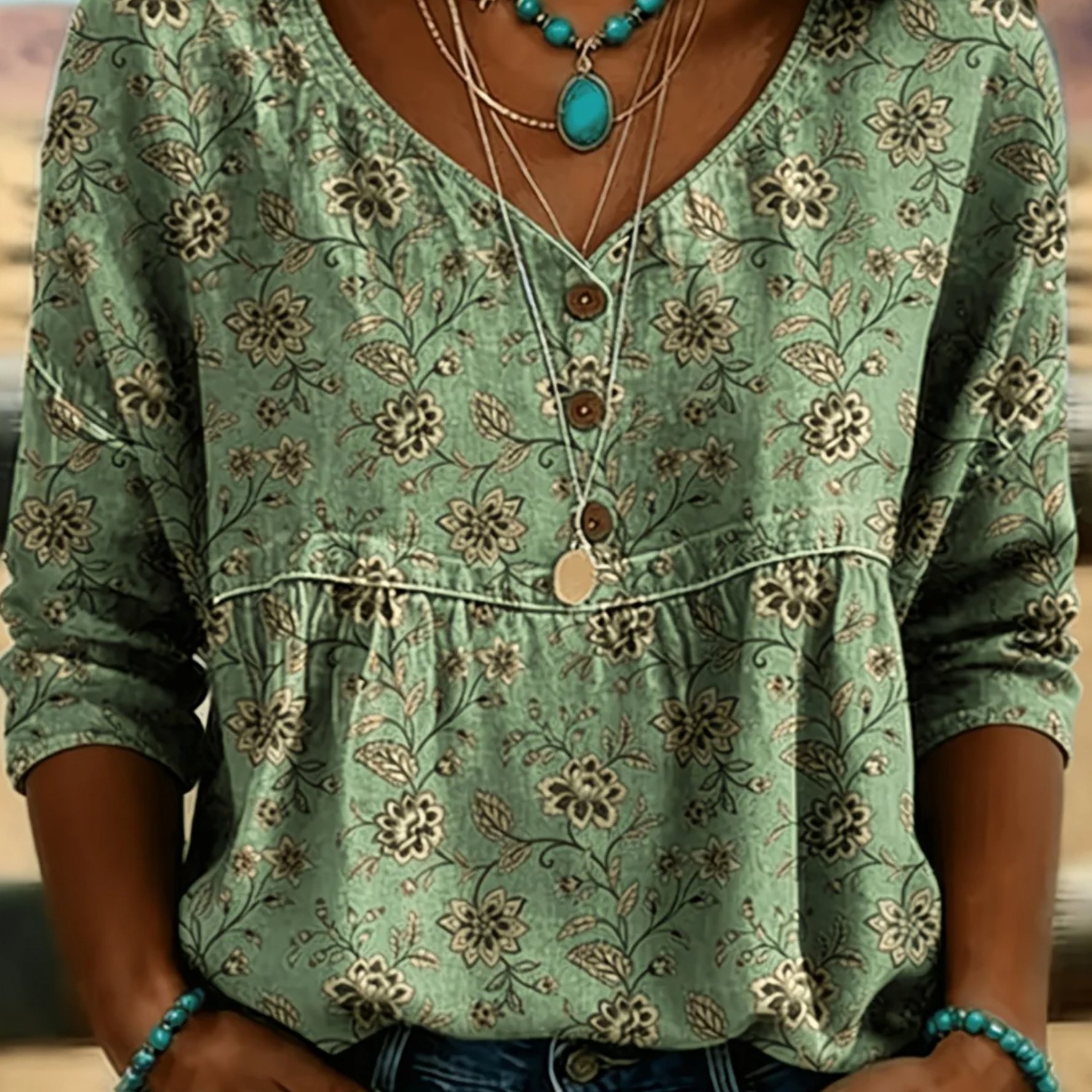 Image of Women's Casual V-neck Half Sleeve Babydoll Blouse, Lightweight Loose Green Floral Print Shirt With Vintage Beige Flower And Leaf Patterns, Machine Washable Spring Summer Wear For Boho Western Outfits