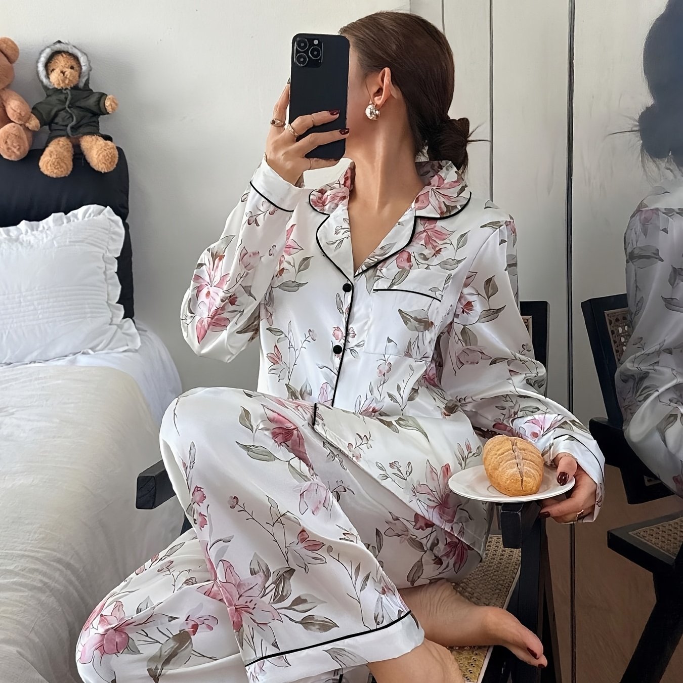 TEMU 2pcs/set Women' Floral Long-sleeve And Long-pants Pajama Loungewear Set