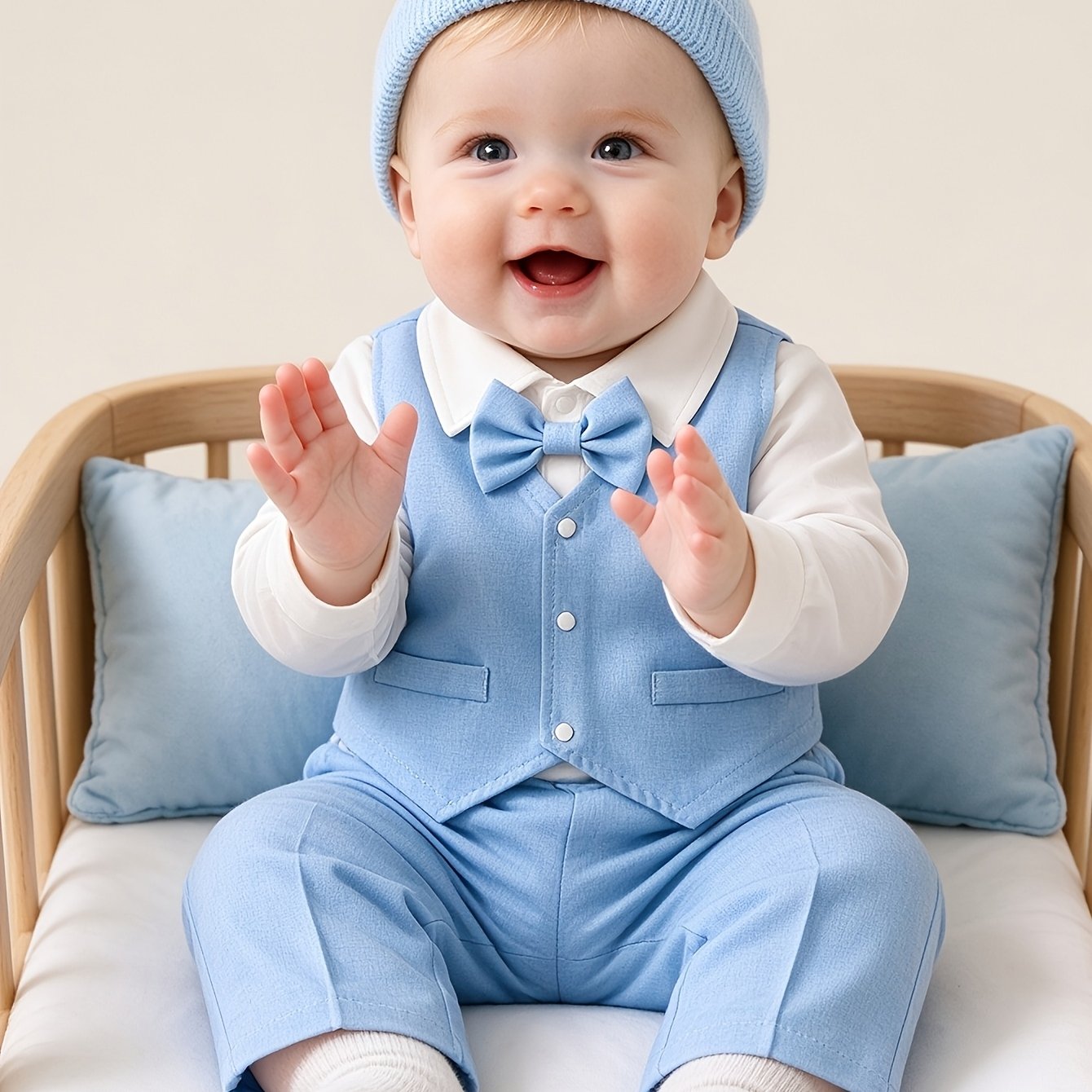 Image of 3pcs Set: Boys' Infant Casual Vest + Long-sleeved Bodysuit Romper + Elastic Waist Long Pants Clothing, Spring/autumn Style. Baby Boy Gentleman 1st Birthday Gift, For Outdoor, Christmas, Halloween