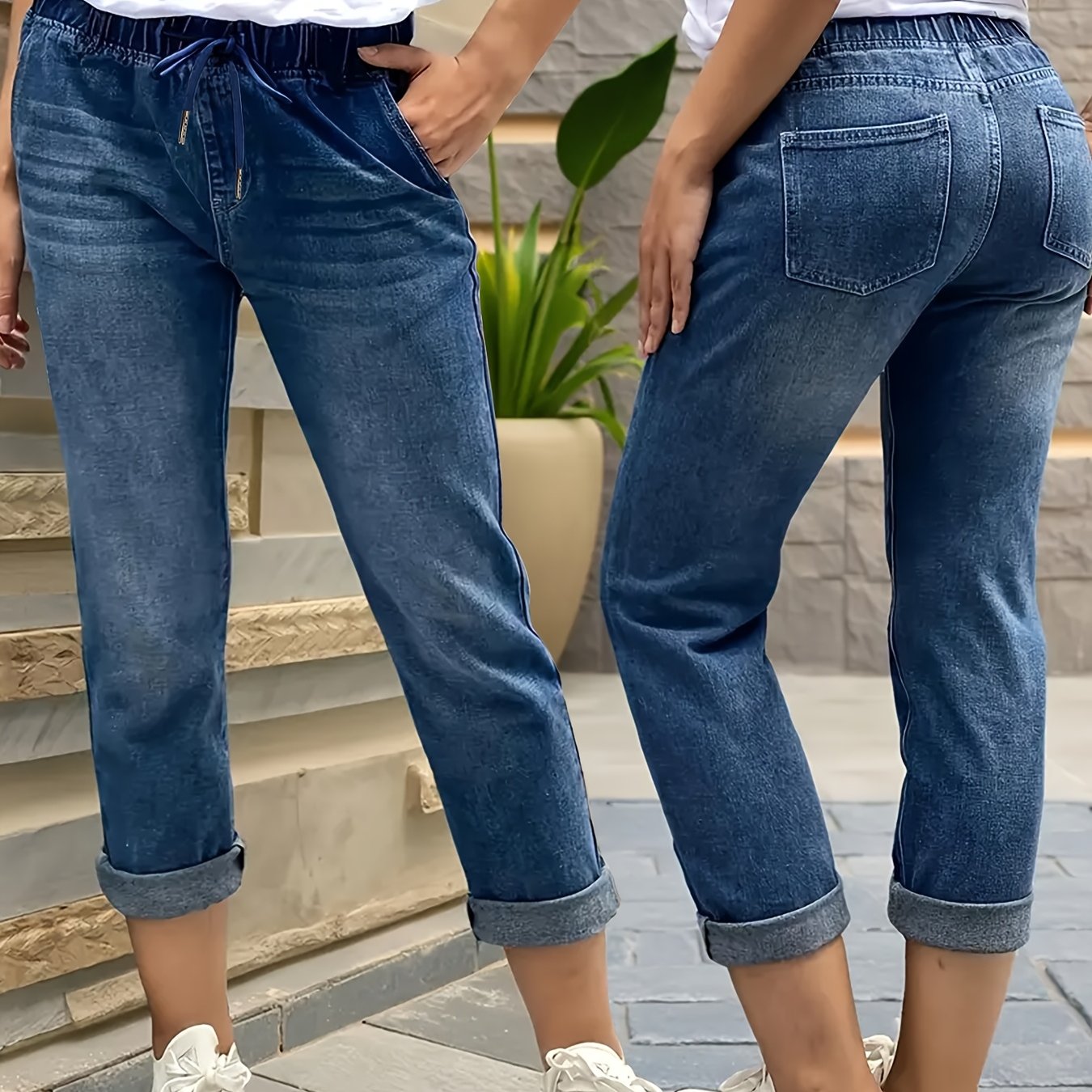 Image of Women's 2026 Elastic Waist Tapered Cropped Cuff Jeans, Pants With Pockets And Drawstring, Blue Washed Denim Trousers, Ladies' Daily Wear Pull-on Pants, Comfortable Loose Pantalones , Travel And For