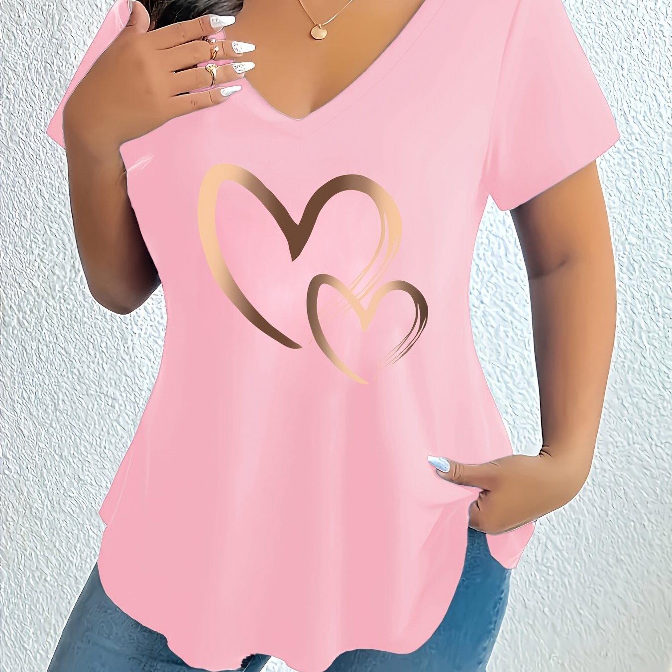 TEMU Plus Size, Plus Size Women's V-neck Geometric Pattern T-shirt