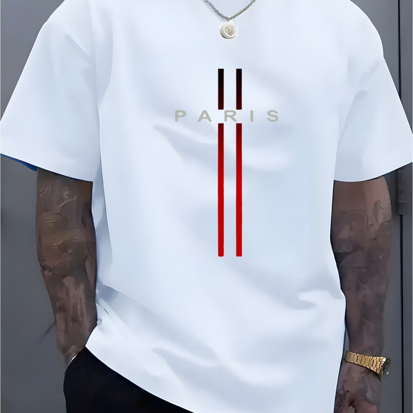 TEMU Men's Paris France Graphic T-shirt - White With Red Paris Lettering &, Soft Breathable Knit Fabric, Relaxed Neck Short Sleeve Tee Suitable For