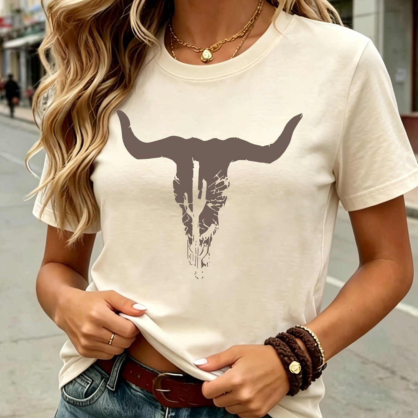 TEMU Women's Western Cowboy T-shirt - Short Sleeve Crew Neck Casual Top With Western Cowboy Print, Spring Summer Blouse Style Suitable For Wear,