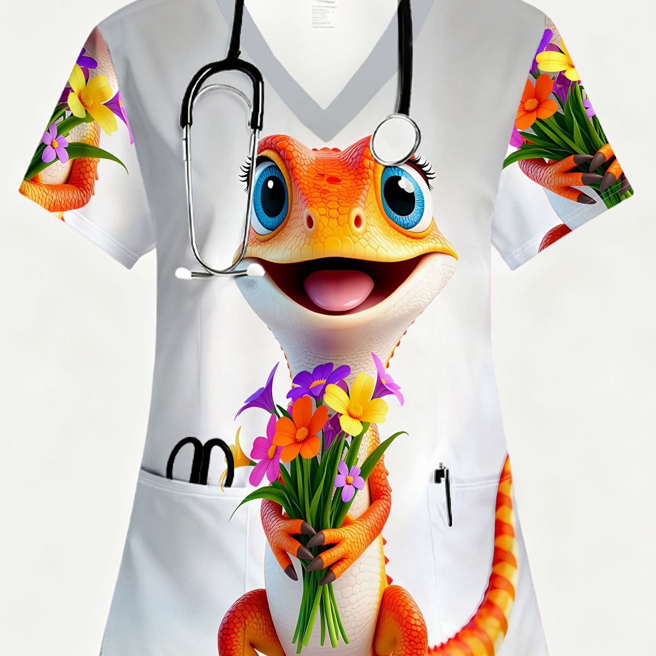 TEMU Un haut de travail d'allaitement pour femmes - Doté d'un imprimé intégral et d'un T-shirt à manches courtes et col en V avec un lézard orange et