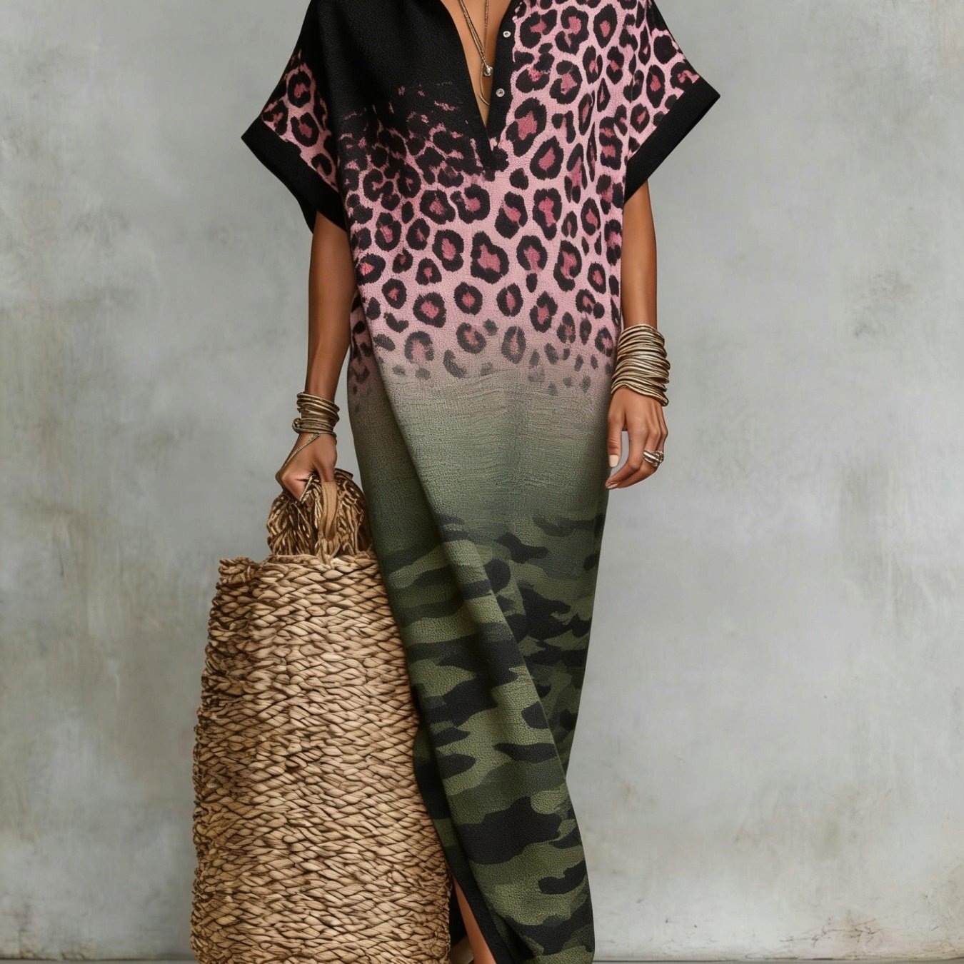Plus Size Women'-inspired Printed Shirt Dress, With Turn- Collar And Half-button Short Sleeves, Side-slit Loose Long Dress, Beach Vacation Maxi Dress