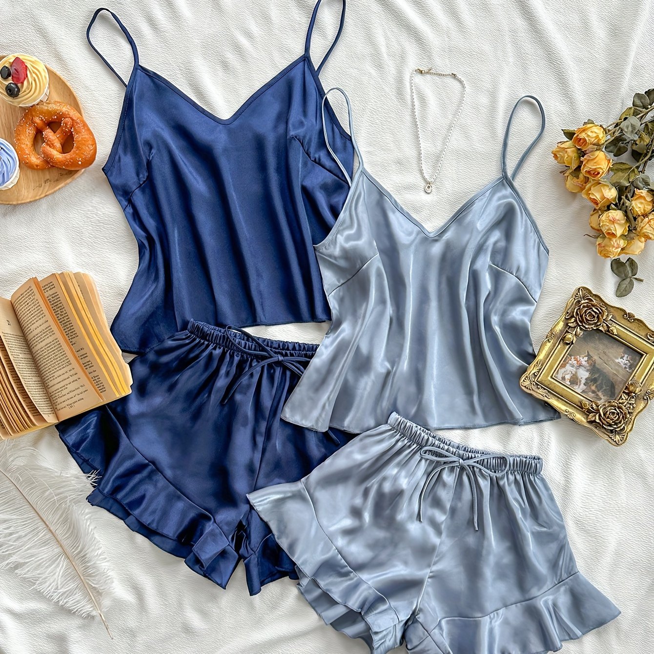 E-shop Damen-Pyjama-Set mit V-Ausschnitt-Trägertop Rüschen-Shorts, 4-tlg