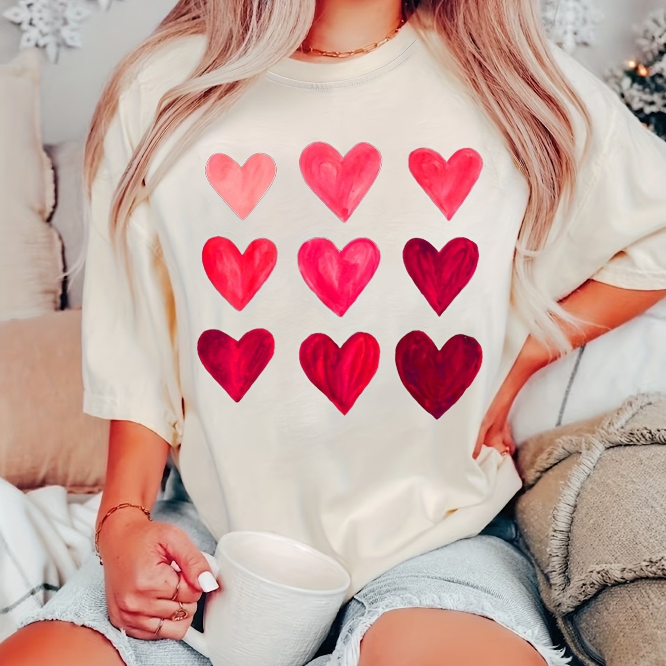 Heart Print Crew Neck T shirt Casual Short Sleeve Top Spring - Temu