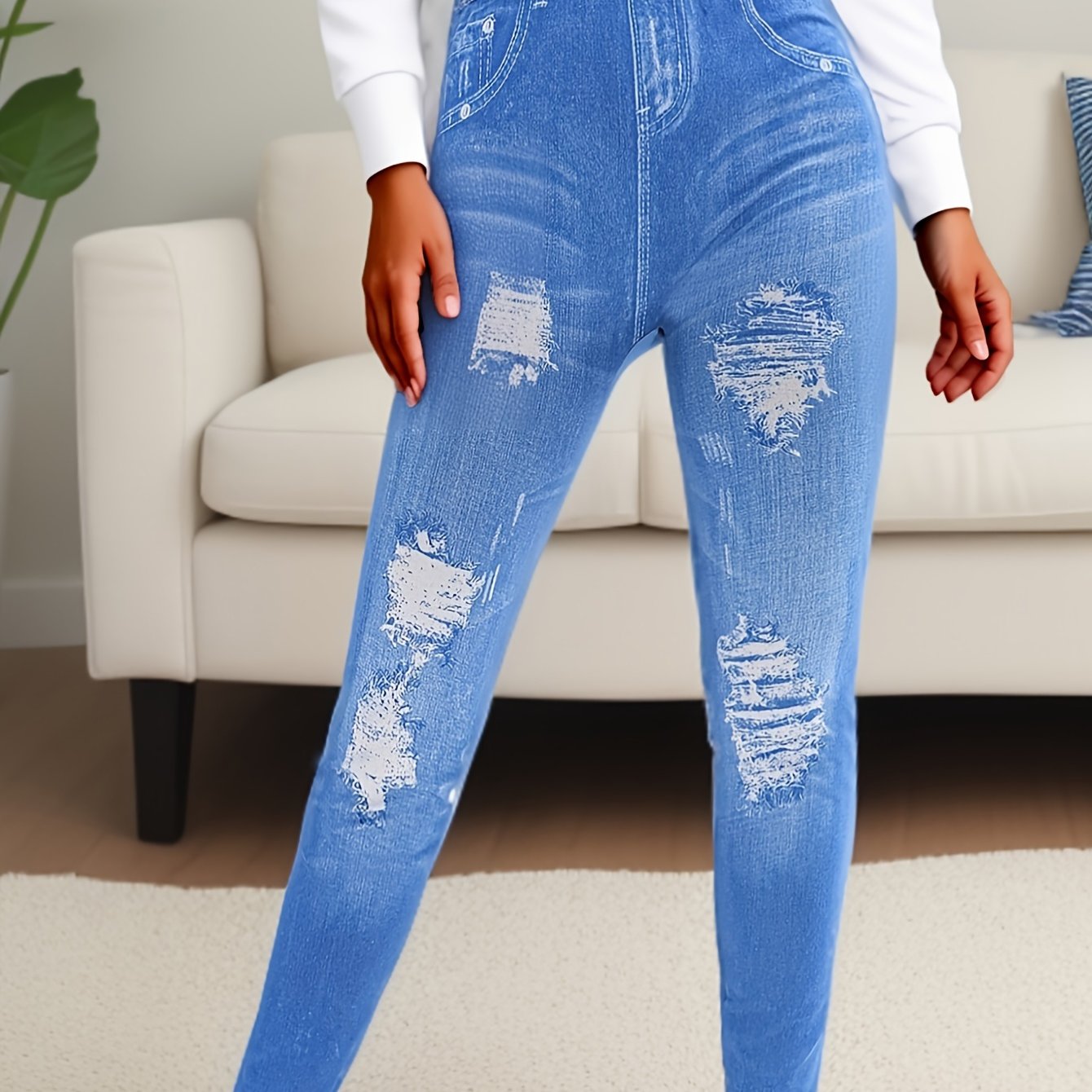 TEMU Women's High-waisted Cropped Denim, 95% Polyester 5% Spandex, , Ripped Bleached Pattern, Solid Color, Knit Fabric, Weekend Casual, , With Fake Pockets, Regular Fit, 220g/m²