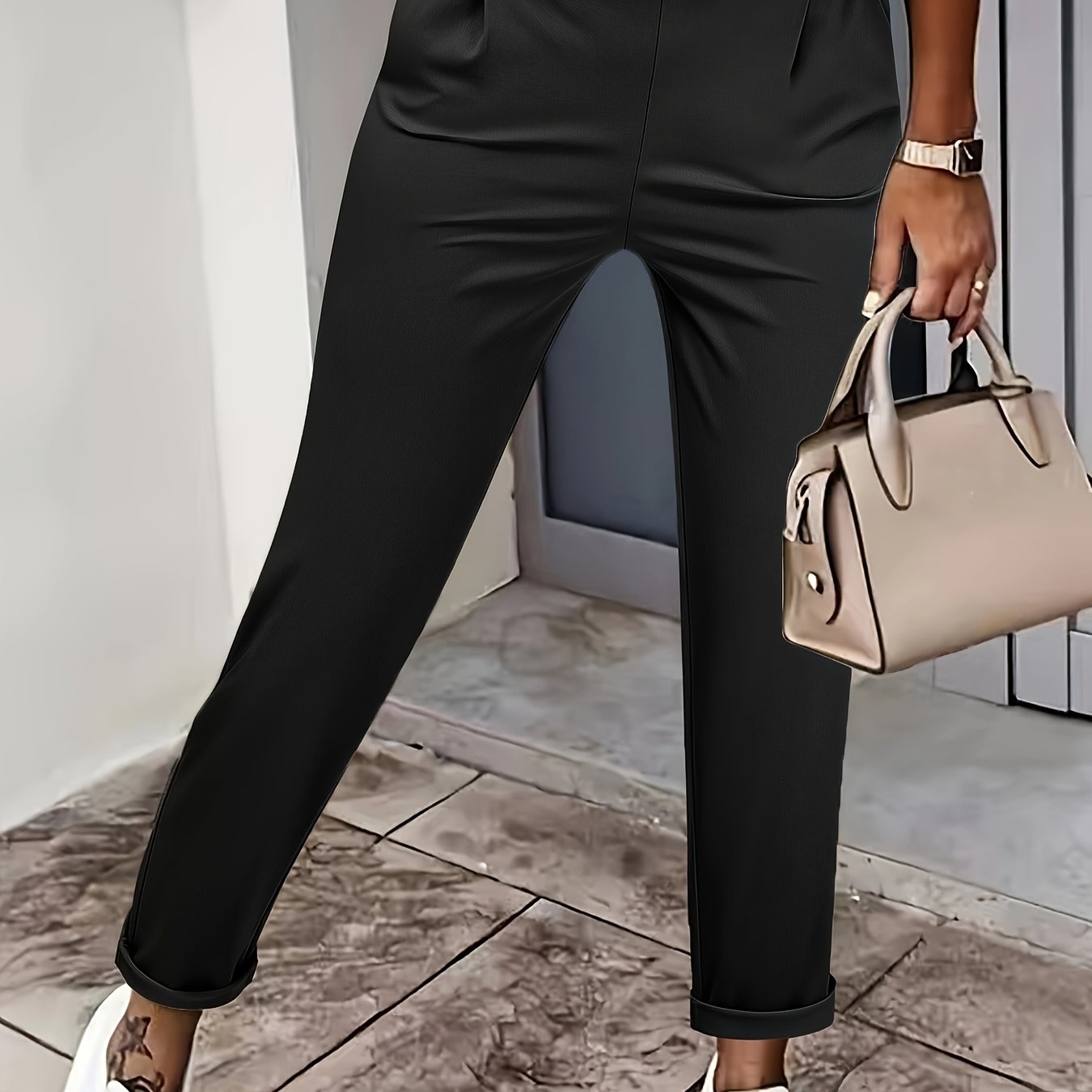 TEMU Women's Elegant Casual Pants - Stretchy Formal & Everyday Trousers, Office & Casual Attire, Non-transparent Machine Washable Business Casual