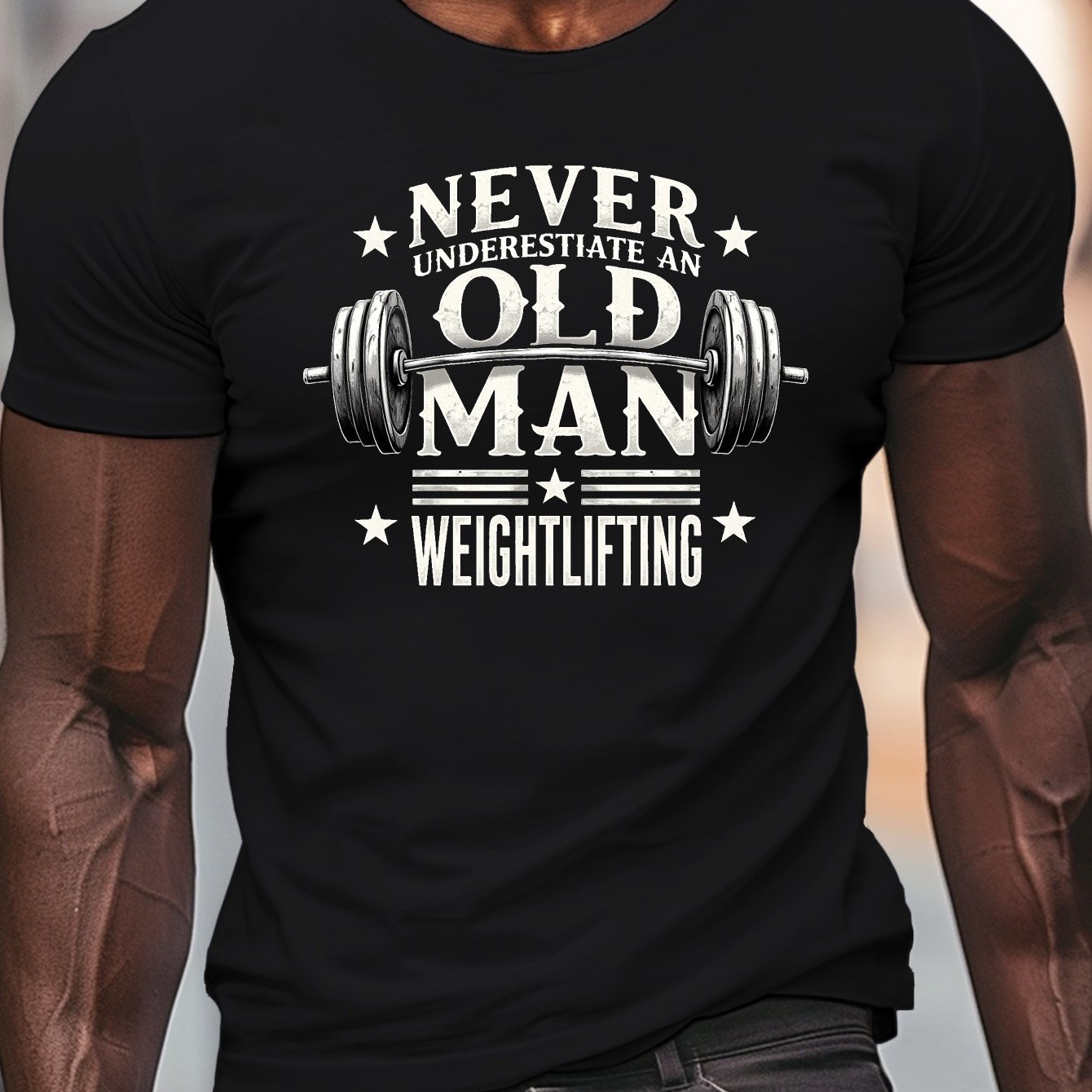 TEMU Never An Old For Man Weightlifting Print, Men's Round Crew Neck Short Sleeve Tee, Casual T-shirtcasual Comfy Lightweight Top For Summer