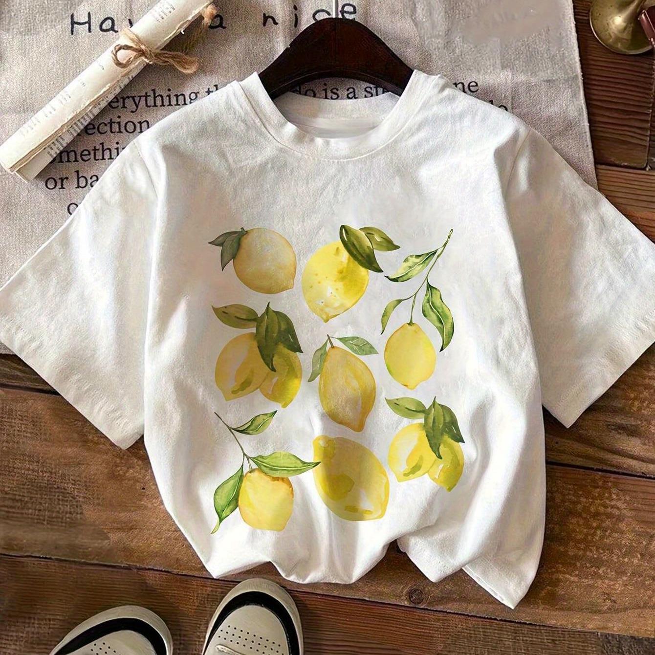 TEMU Women S Lemon Print Short Sleeve T Shirt Cotton Casual Crew Neck Medium Stretch Knit Fabric Regular Fruit And Drop Shoulder Design White