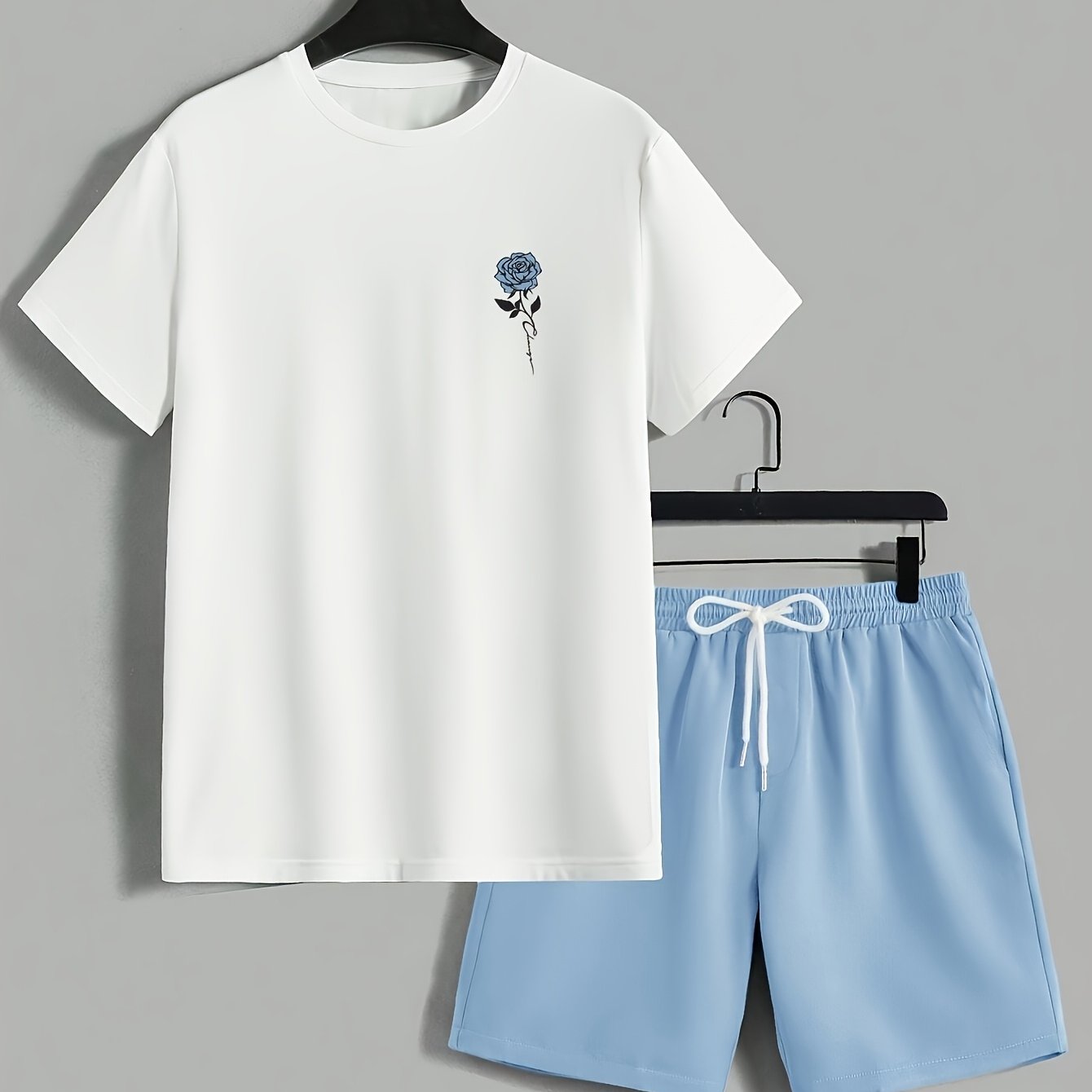 TEMU Men's Short-sleeved Suit, Men's Short-sleeved Shorts Suit 2pcs Set, White Round Neck T-shirt With Sky Blue Shorts, Men's Casual Sports Suit