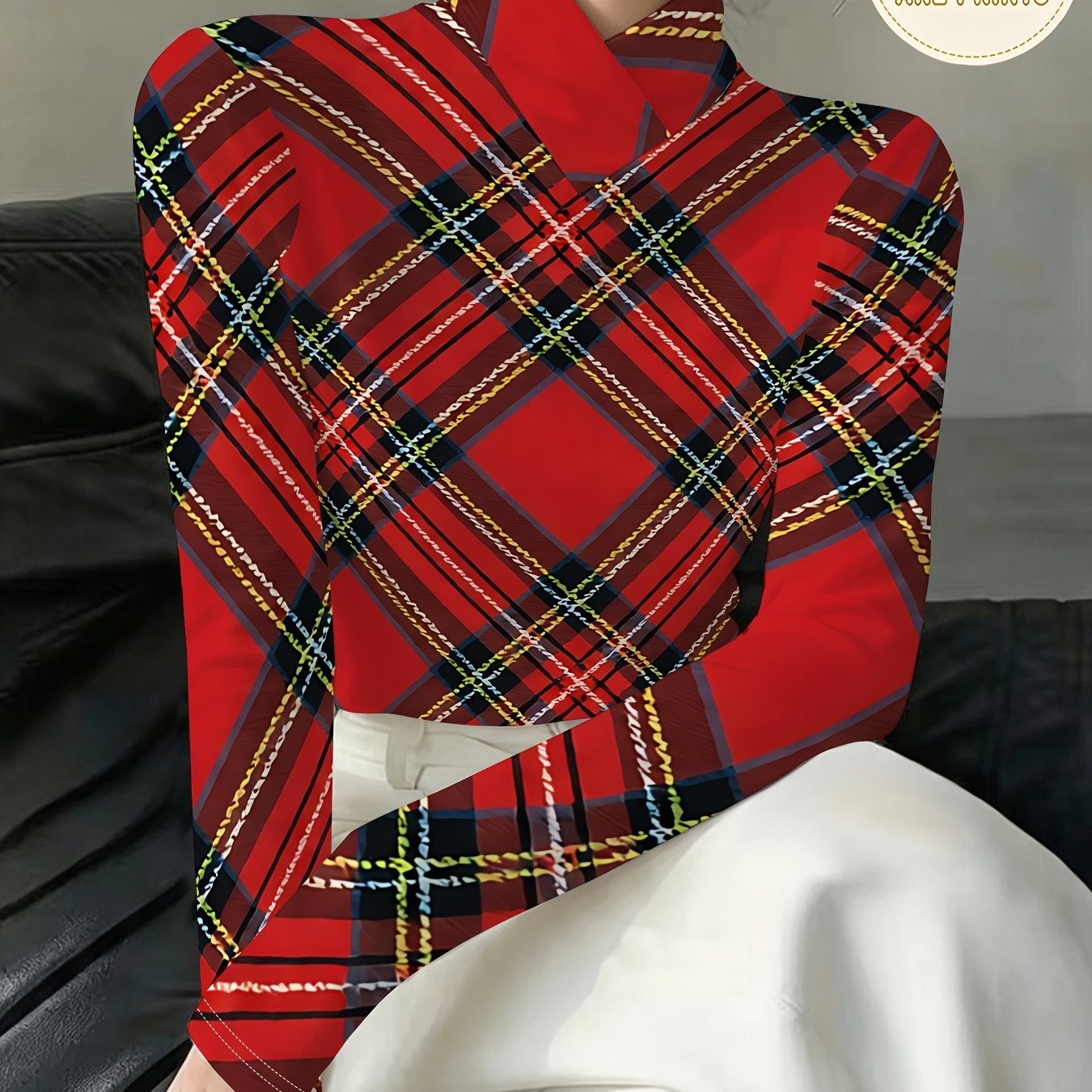 TEMU Women's Cross-collar Long Sleeve Base Layer, Red Background With Colorful Scottish Print, Soft And Skin-friendly Versatile Inner Wear For