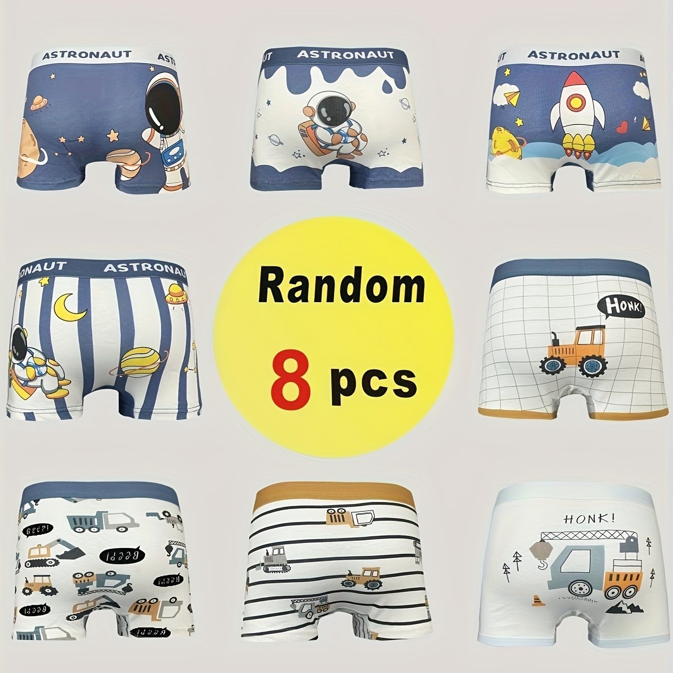 Random 8pcs Boys' Boxer Briefs With Cartoon Car, Excavator, And Starry Sky Patterns