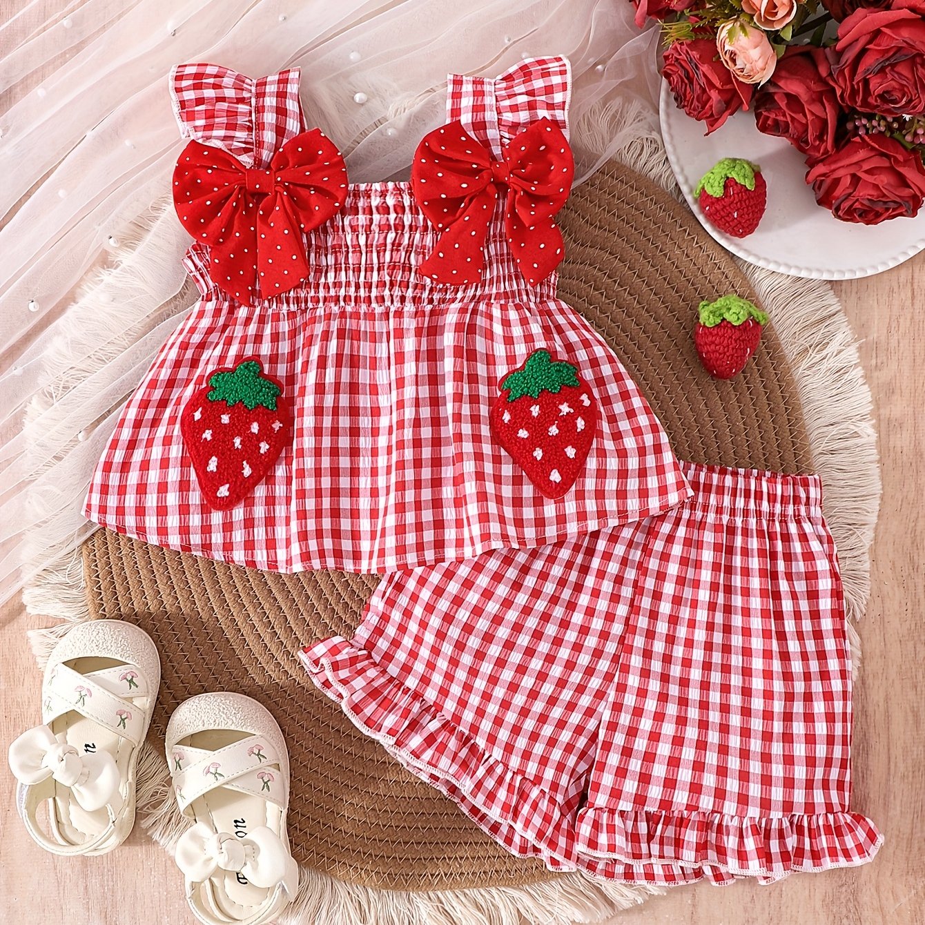 Image of 2pcs Baby Girl Strawberry Print Ruffle Collar Top And Elastic Waist Shorts Set, For Outdoor, Christmas, Halloween