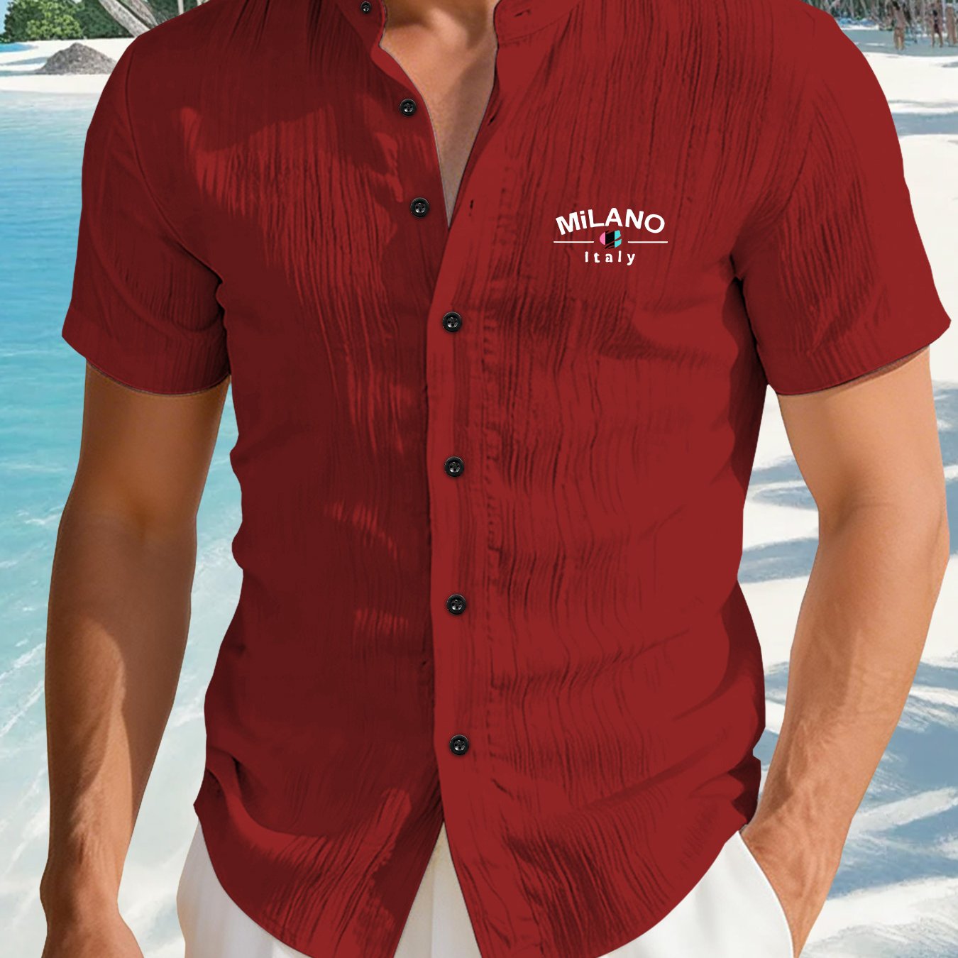 TEMU Men's Summer Short-sleeve Button-up Shirt - Lightweight Breathable Stand Collar Button-front Suitable For Beach Vacations, Pool Parties & Casual