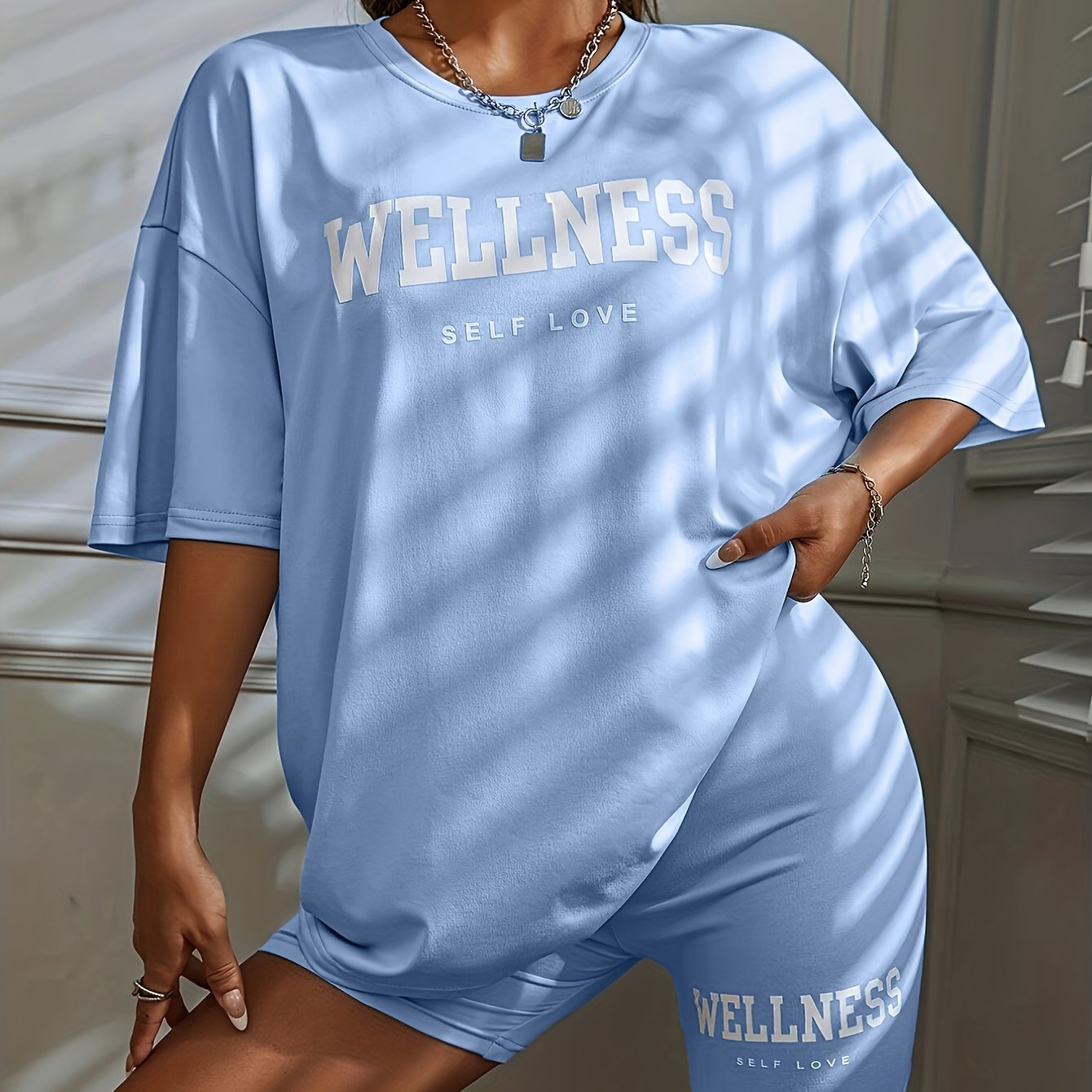 Image of Casual Two-piece Set For Women, Letter Print Loose Short-sleeved T-shirt And Shorts Set
