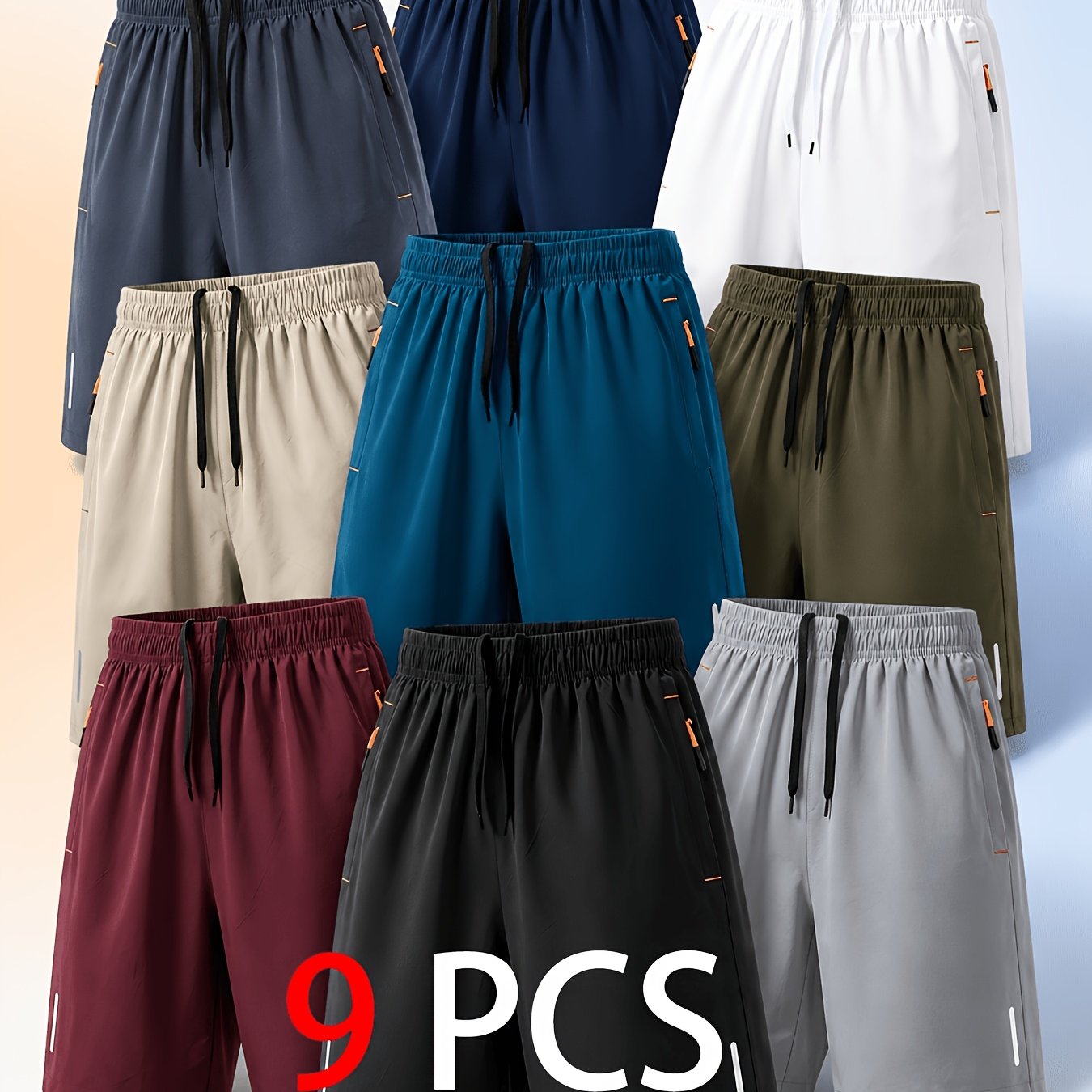 TEMU Autumn Promotion, 9pcs Men's Lightweight Quick-dry Athletic Shorts Set, With Elastic Waistband And Zippered Pockets, Casual Sport Style, Loose