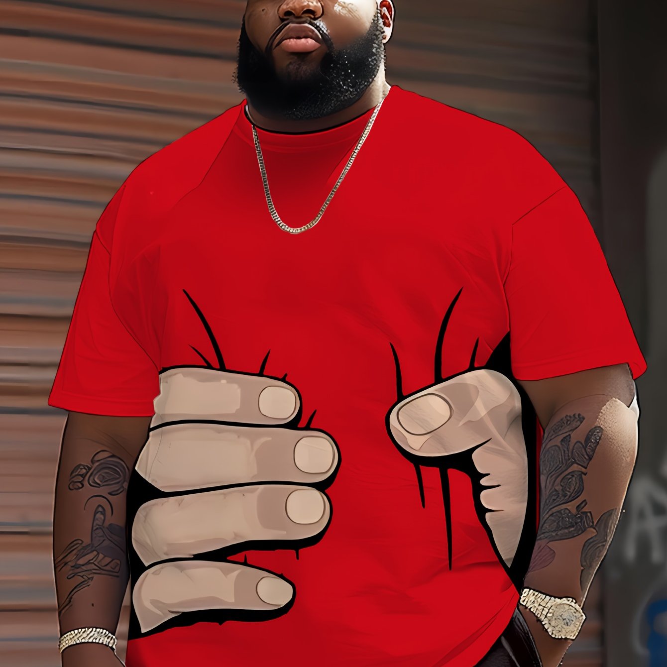 TEMU Men's Plus Size Print Short Sleeve Shirt, Fun Hand-grab Print, Trendy , Summer Streetwear Men's Clothing, Outdoor Casual Top, Casual Fashion